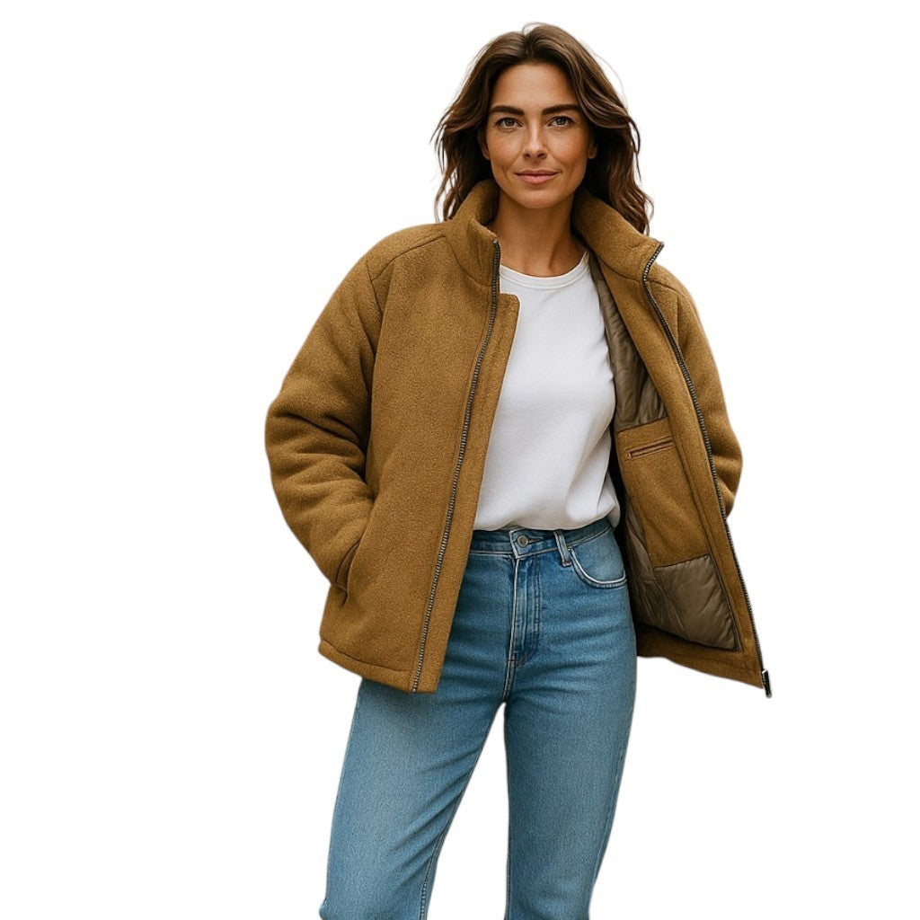 WOOLRICH megzta moteriška pūsta striukė S dydžio, vilnos mišinio, kupranugario spalvos, su pamušalu 