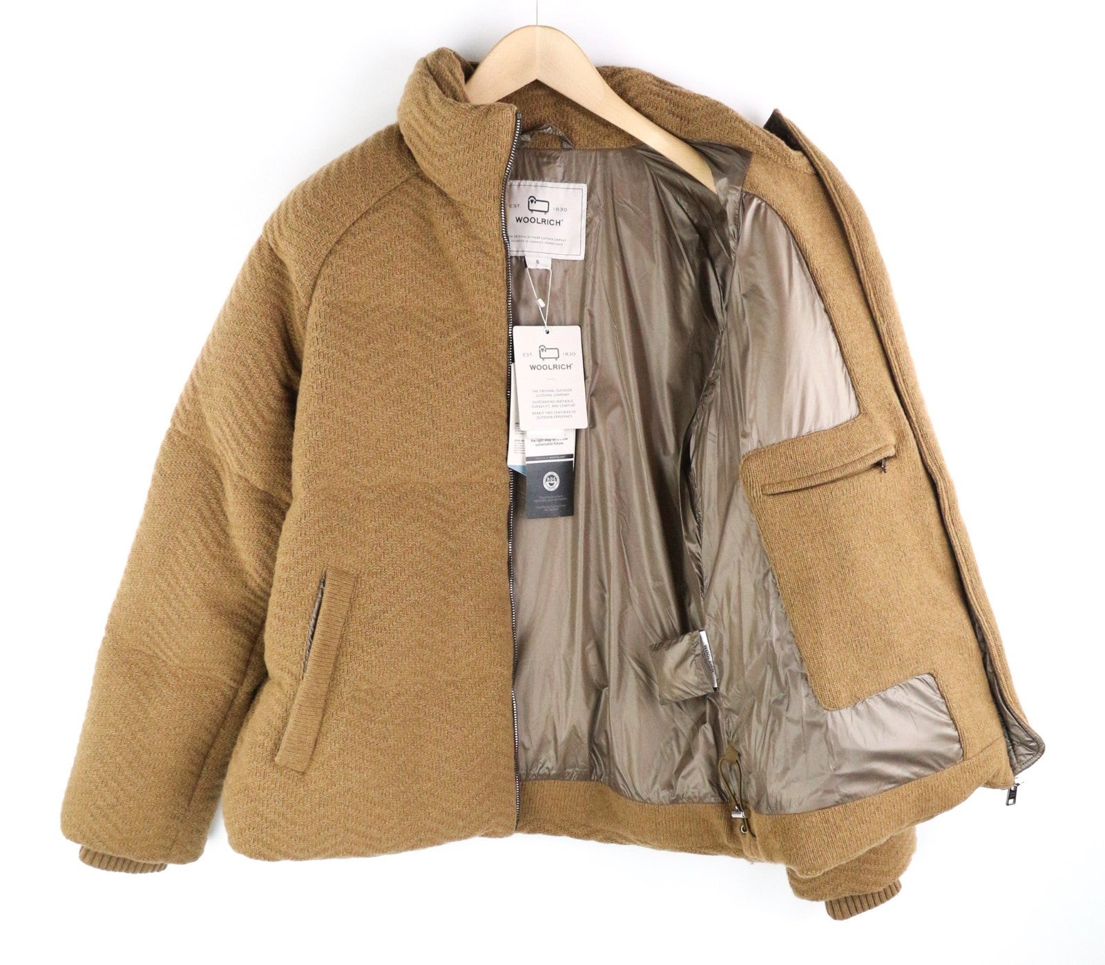 WOOLRICH megzta moteriška pūsta striukė S dydžio, vilnos mišinio, kupranugario spalvos, su pamušalu 