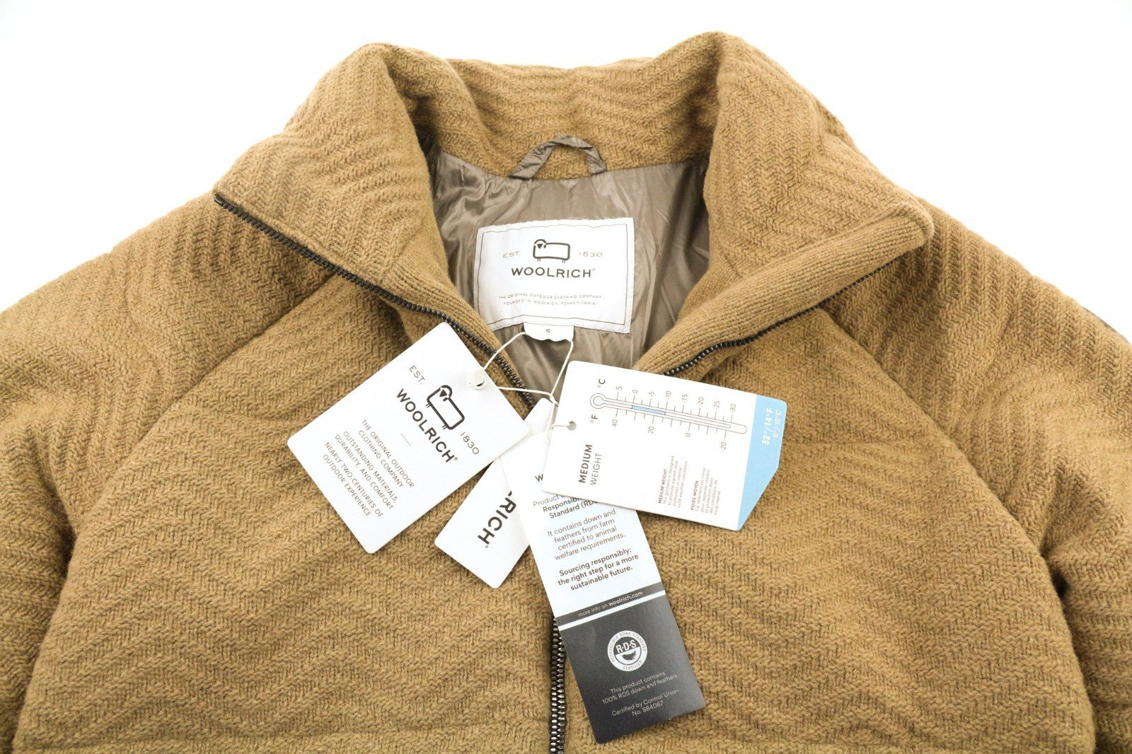 WOOLRICH megzta moteriška pūsta striukė S dydžio, vilnos mišinio, kupranugario spalvos, su pamušalu 