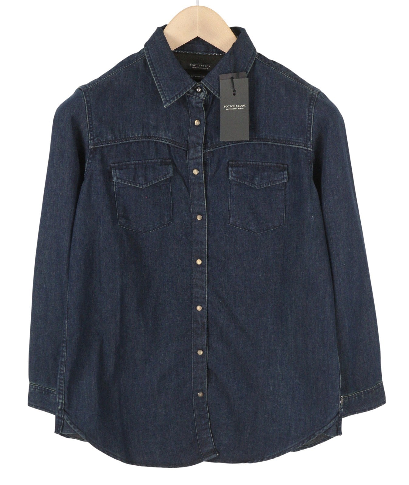 SCOTCH &amp; SODA moteriški marškinėliai S, džinsinio audinio, tamsiai mėlyni, su spaudėmis, kišenės užlopytos, laisvalaikio stiliaus. 