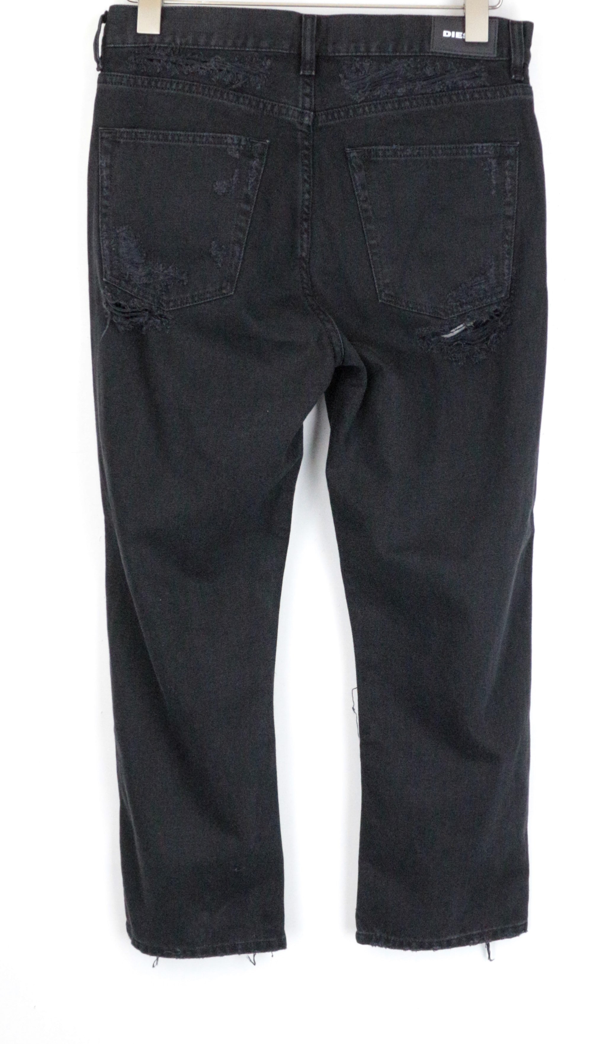 DIESEL Aryel 084WH moteriški džinsai W27/L32 tiesaus kirpimo, juodi, plėšyti medvilniniai 