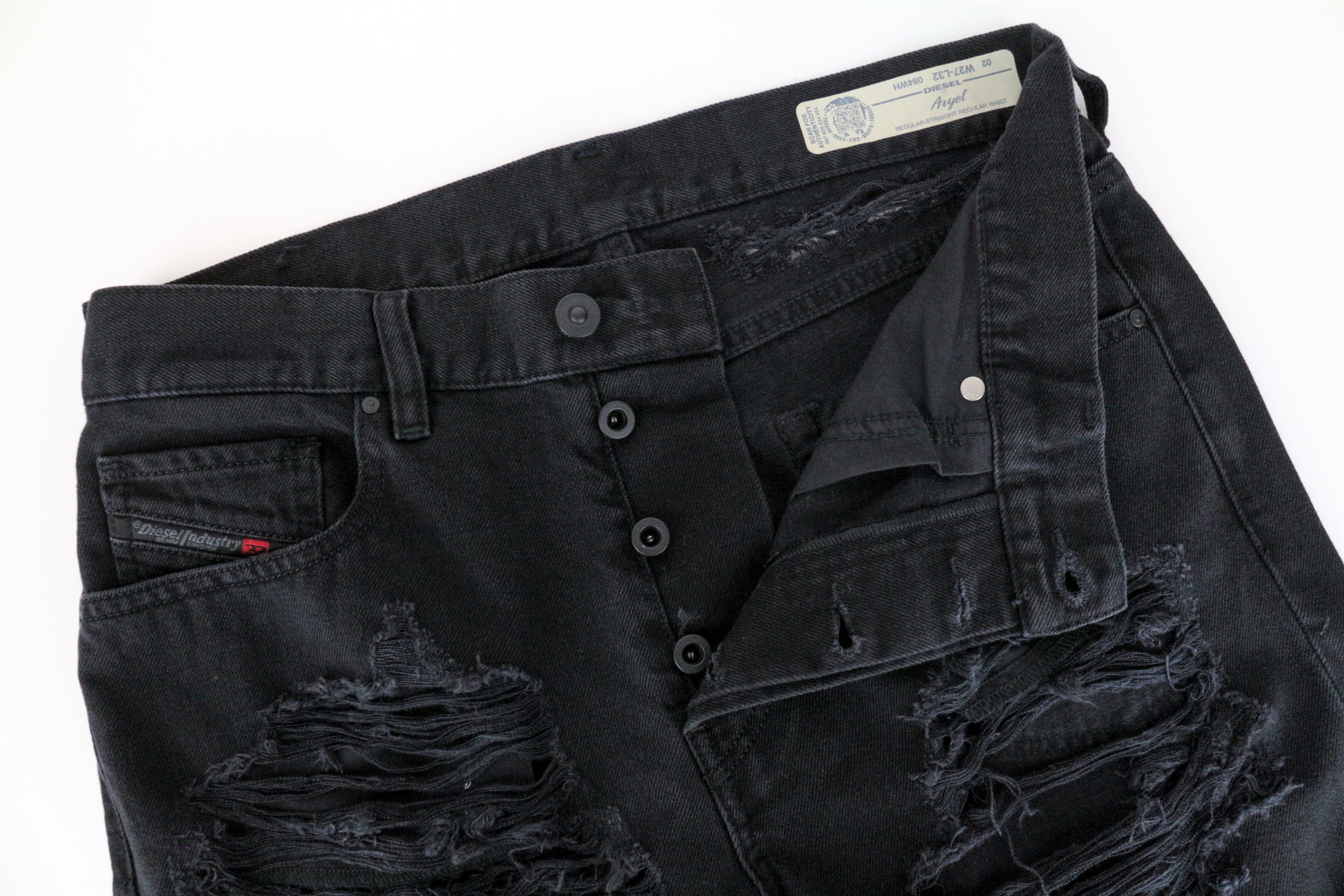 DIESEL Aryel 084WH moteriški džinsai W27/L32 tiesaus kirpimo, juodi, plėšyti medvilniniai 