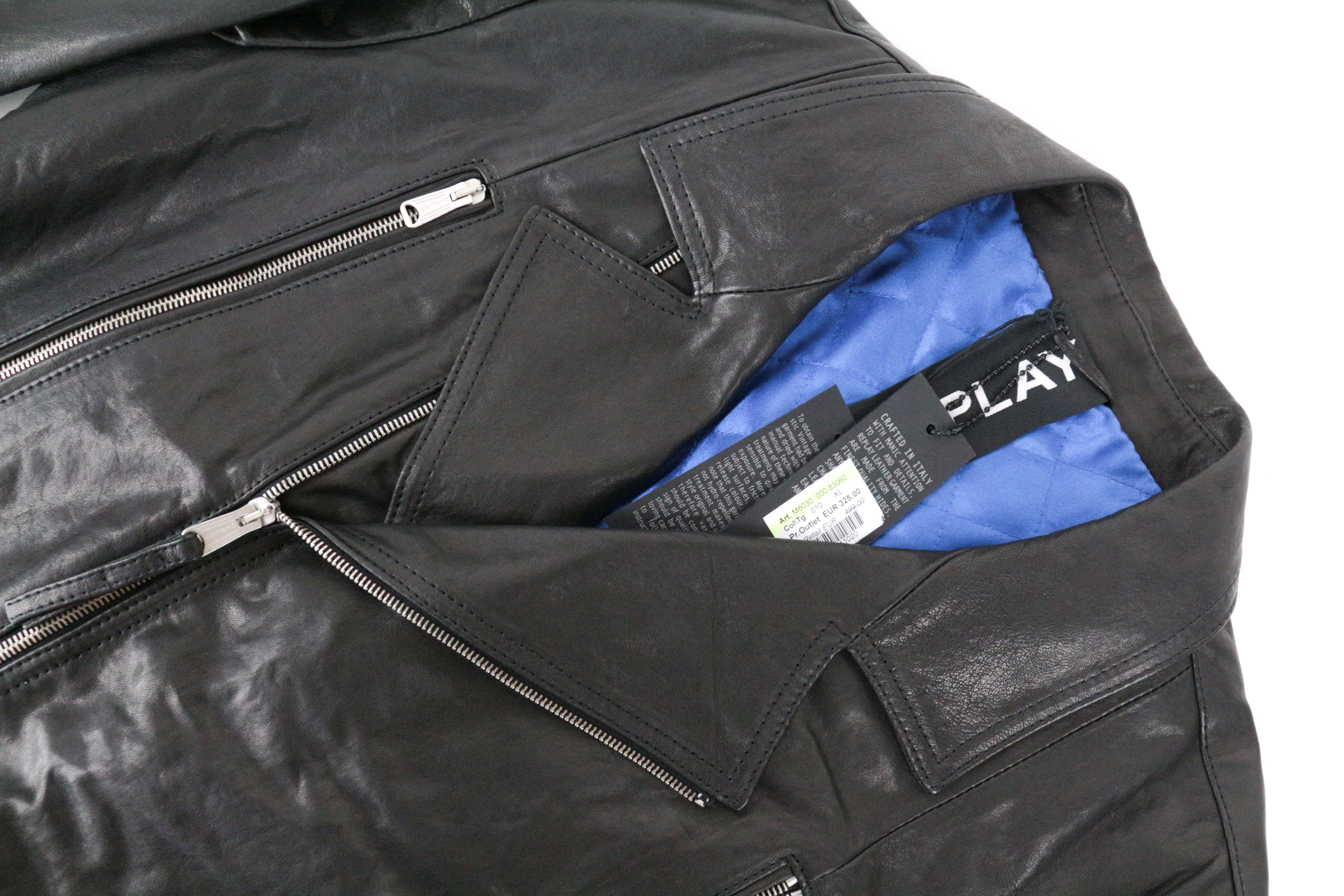 REPLAY Men's XL Black Lambskin Biker Jacket Belted Collared Pocketed Lined