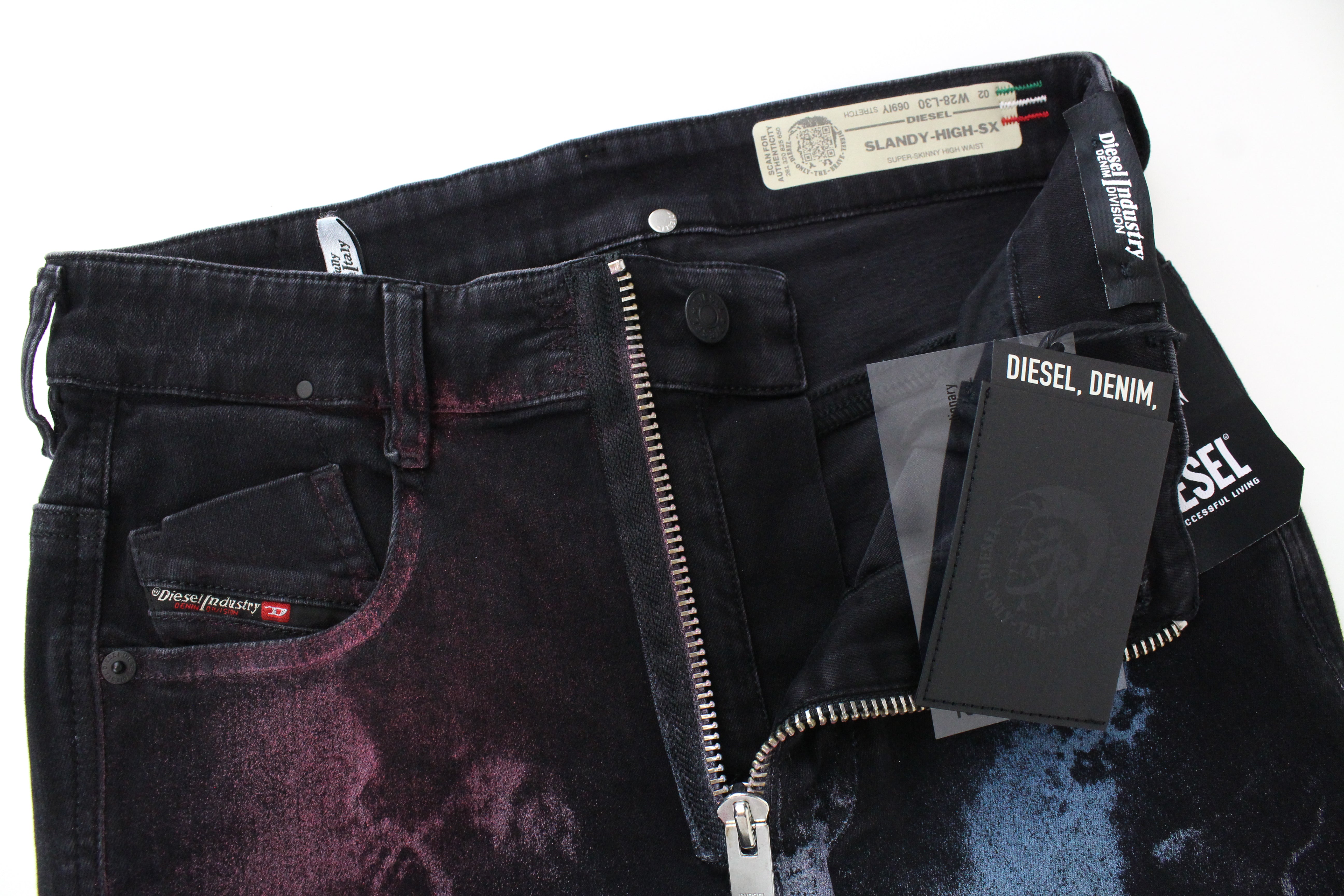 DIESEL Slandy-High-SX 069IY moteriški džinsai W28/L30 aptempti mėlyni raudoni skalbti 