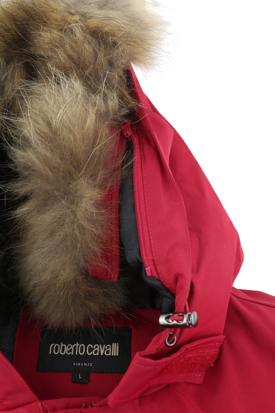 ROBERTO CAVALLI vyriška striukė L, raudona, su pilnu užtrauktuku, paminkštinta meškėno kailio parka su gobtuvu RRP560 