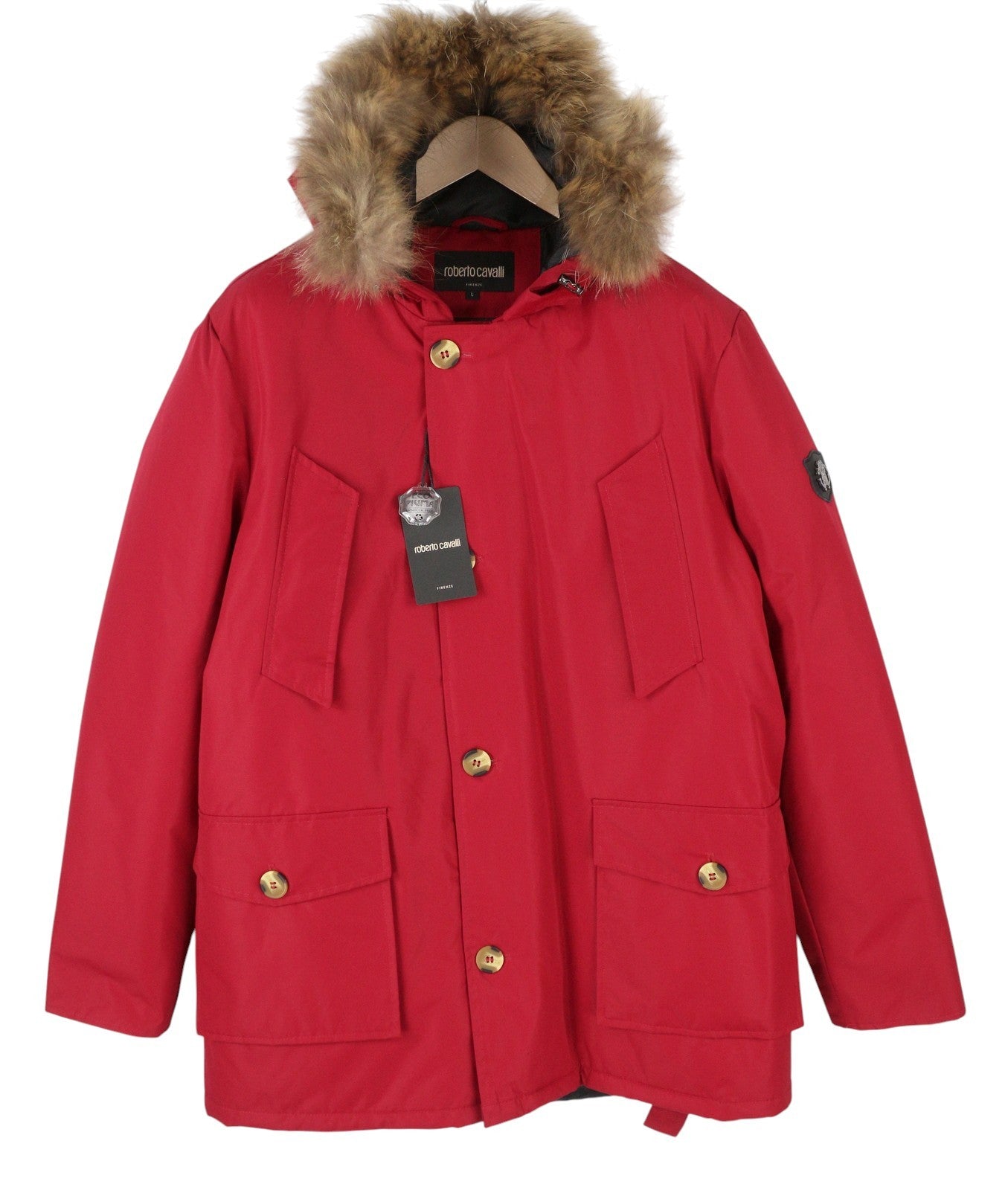 ROBERTO CAVALLI vyriška striukė L, raudona, su pilnu užtrauktuku, paminkštinta meškėno kailio parka su gobtuvu RRP560 