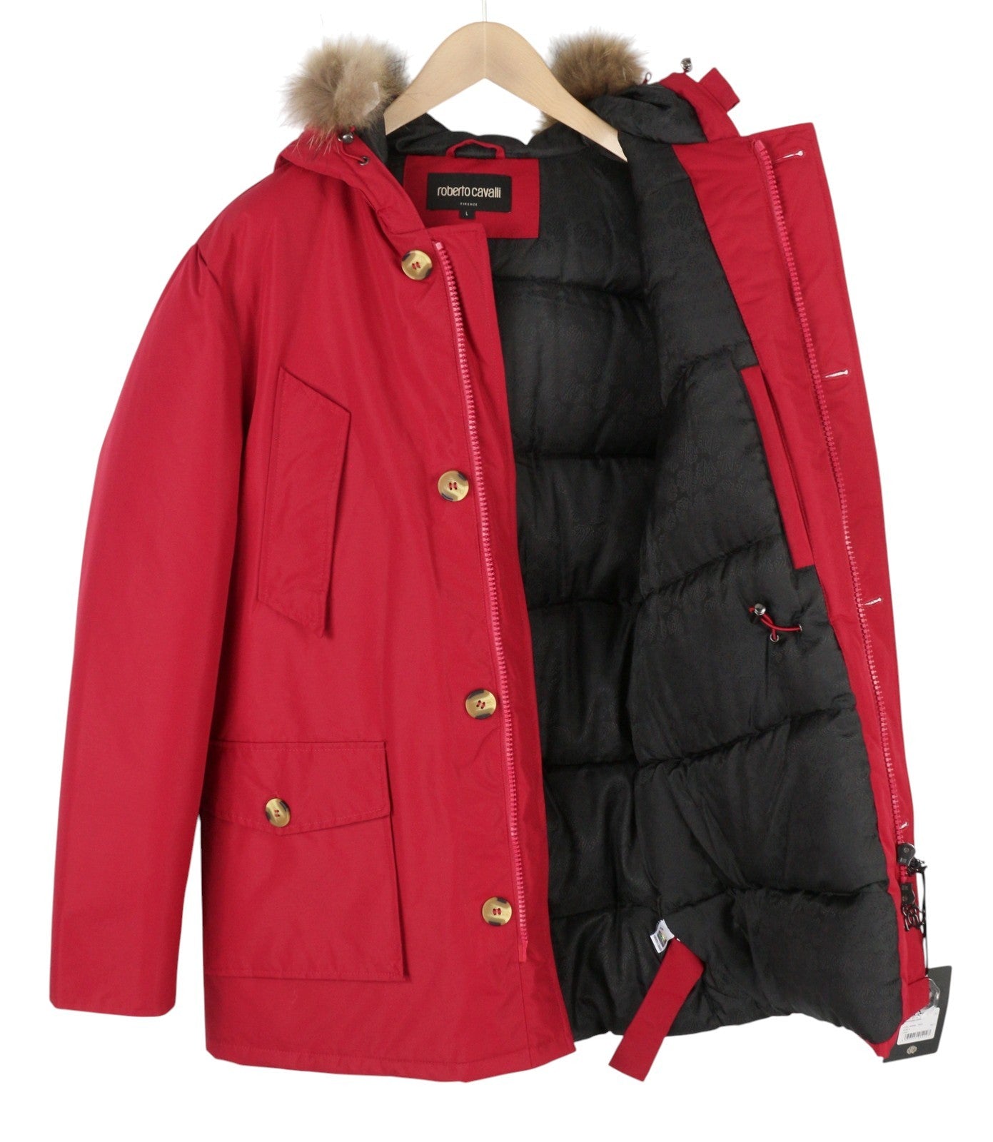 ROBERTO CAVALLI vyriška striukė L, raudona, su pilnu užtrauktuku, paminkštinta meškėno kailio parka su gobtuvu RRP560 