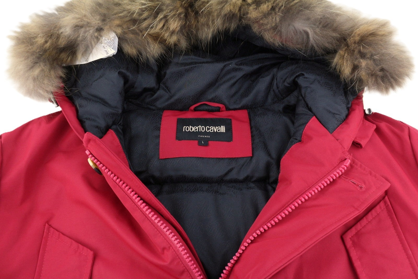 ROBERTO CAVALLI vyriška striukė L, raudona, su pilnu užtrauktuku, paminkštinta meškėno kailio parka su gobtuvu RRP560 