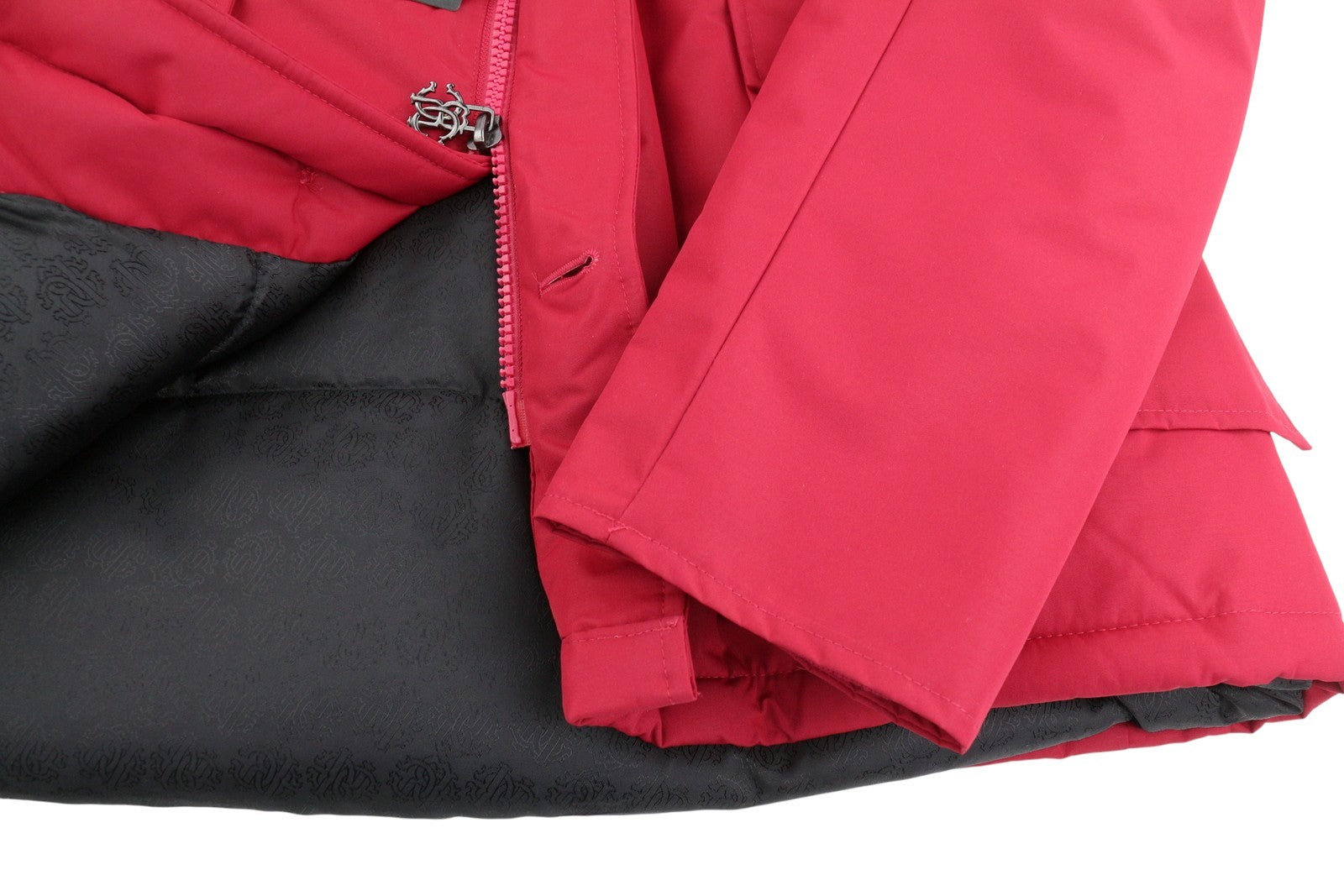 ROBERTO CAVALLI vyriška striukė L, raudona, su pilnu užtrauktuku, paminkštinta meškėno kailio parka su gobtuvu RRP560 