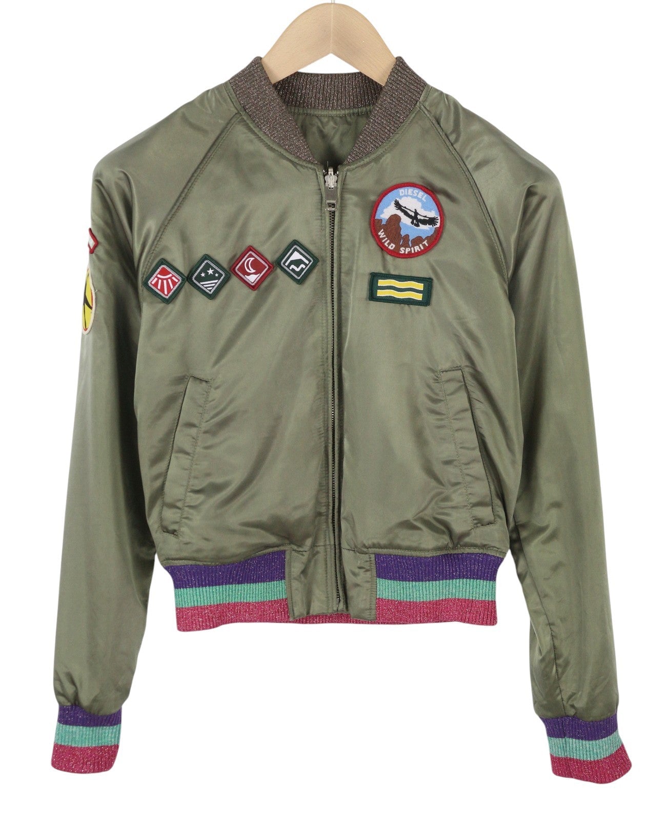 DIESEL moteriška striukė XS, žalia, blizgi, dvipusė, lengva, bomber stiliaus striukė su pilnu užtrauktuku. 