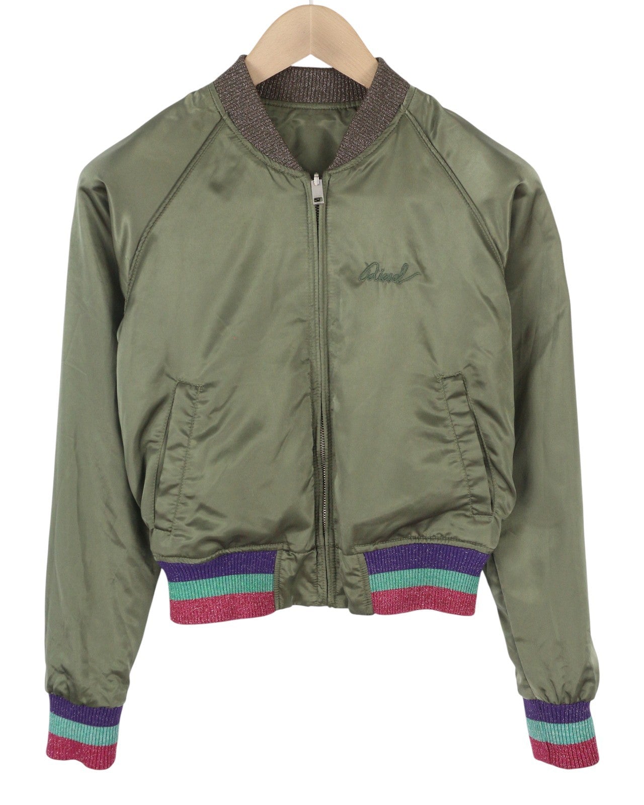 DIESEL moteriška striukė XS, žalia, blizgi, dvipusė, lengva, bomber stiliaus striukė su pilnu užtrauktuku. 