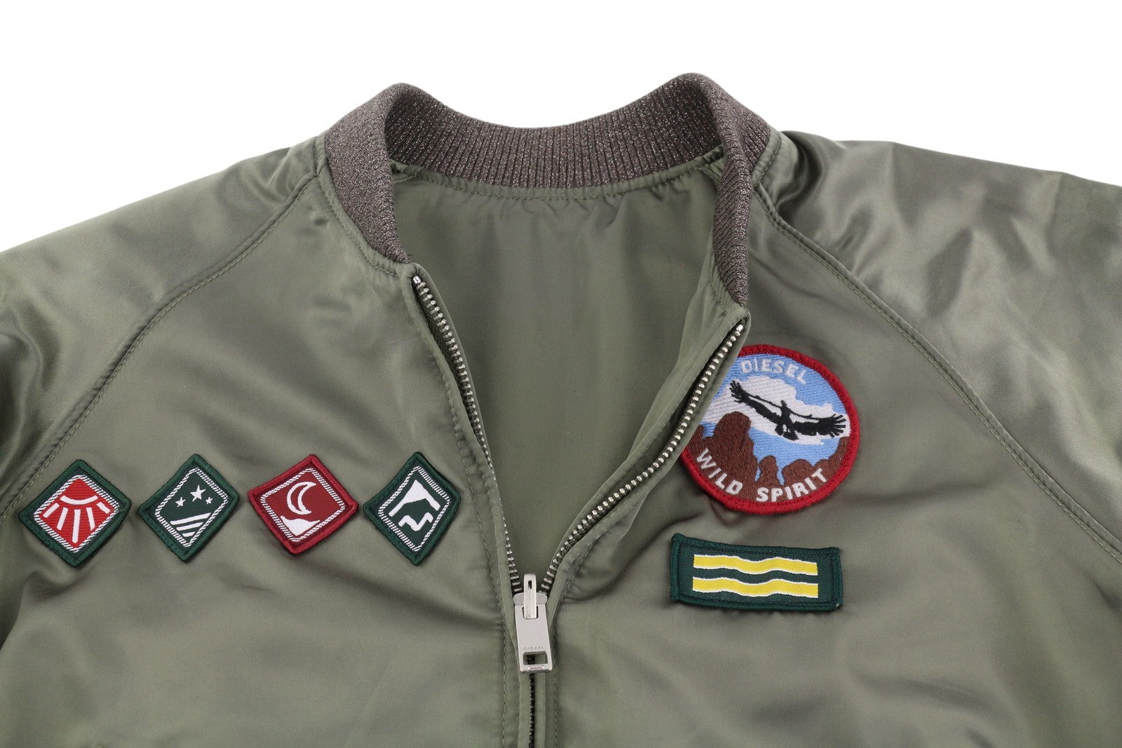 DIESEL moteriška striukė XS, žalia, blizgi, dvipusė, lengva, bomber stiliaus striukė su pilnu užtrauktuku. 