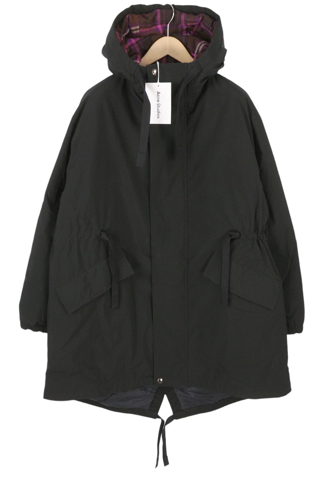 ACNE STUDIOS vyriška striukė, 48 cm, juoda, raišteliais su juosmeniu, gobtuvu, paminkštinta parka RRP810 