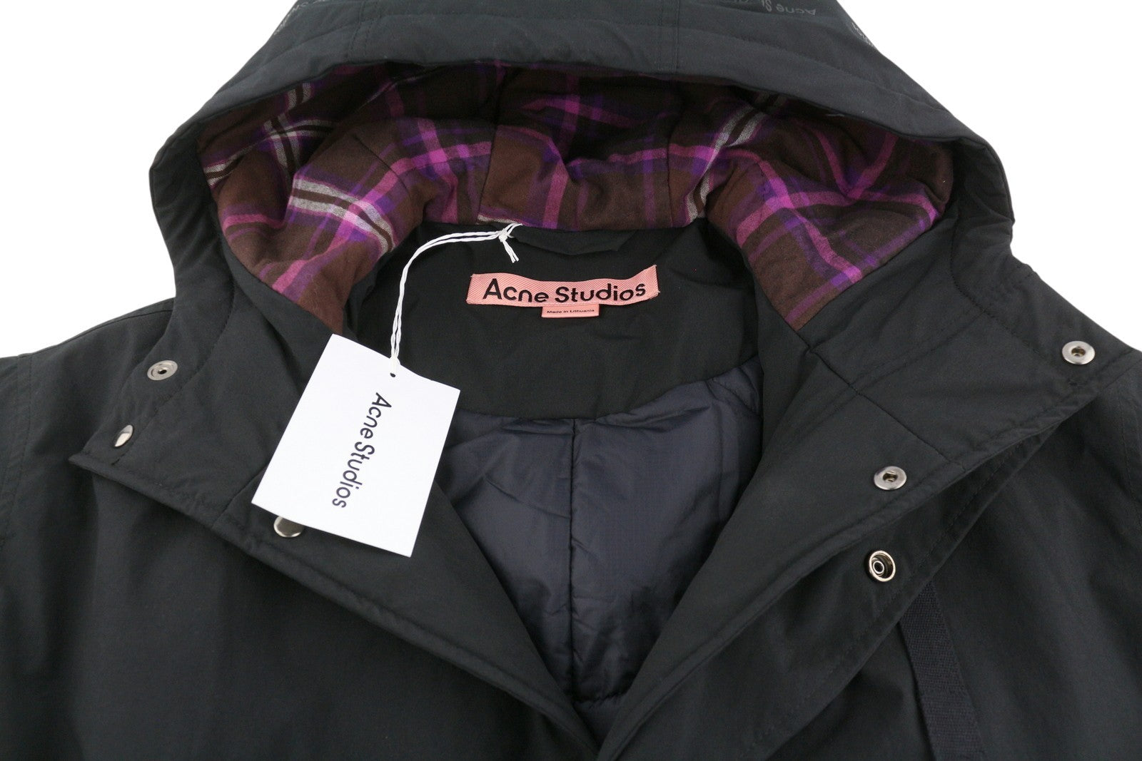 ACNE STUDIOS vyriška striukė, 48 cm, juoda, raišteliais su juosmeniu, gobtuvu, paminkštinta parka RRP810 