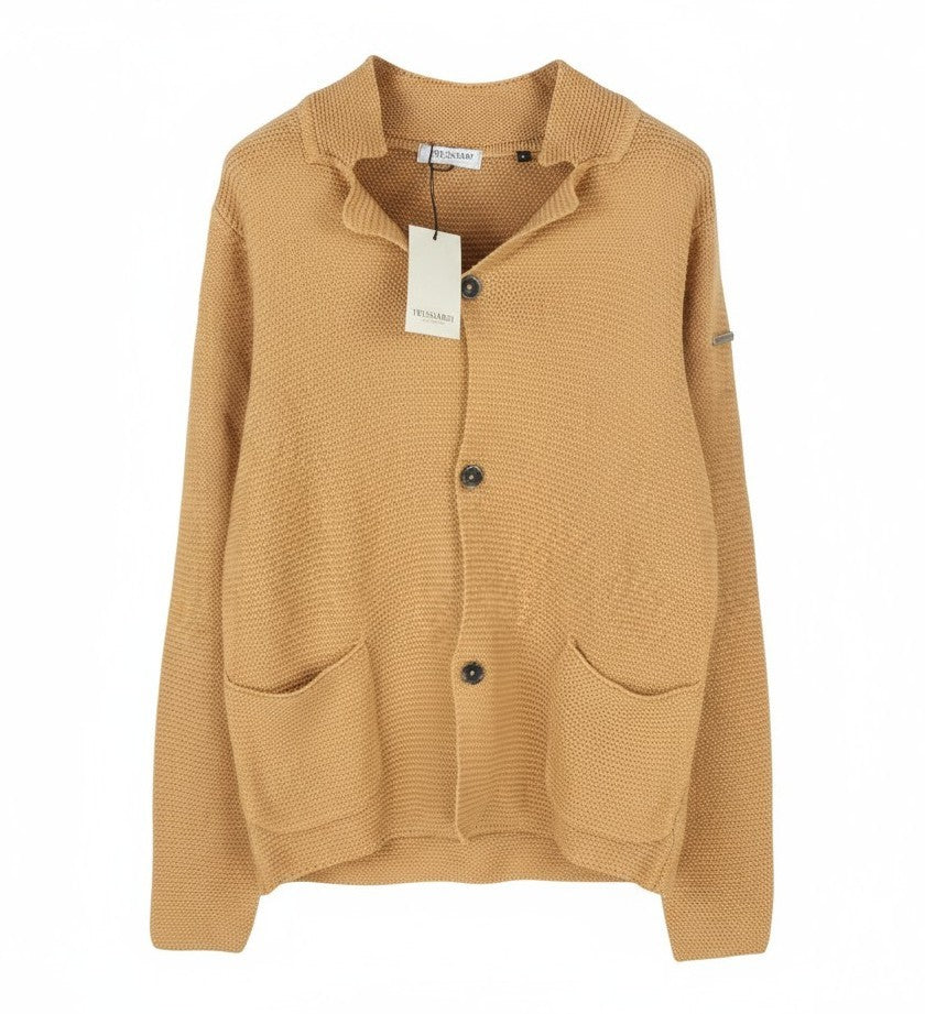 TRUSSARDI Cecina vyriškas kardiganas XL dydžio, smėlio spalvos, vilnos mišinio, tvirtai megztas, su sagomis užsegamu kardiganu RRP320 
