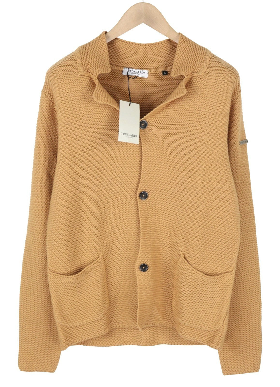 TRUSSARDI Cecina vyriškas kardiganas XL dydžio, smėlio spalvos, vilnos mišinio, tvirtai megztas, su sagomis užsegamu kardiganu RRP320 