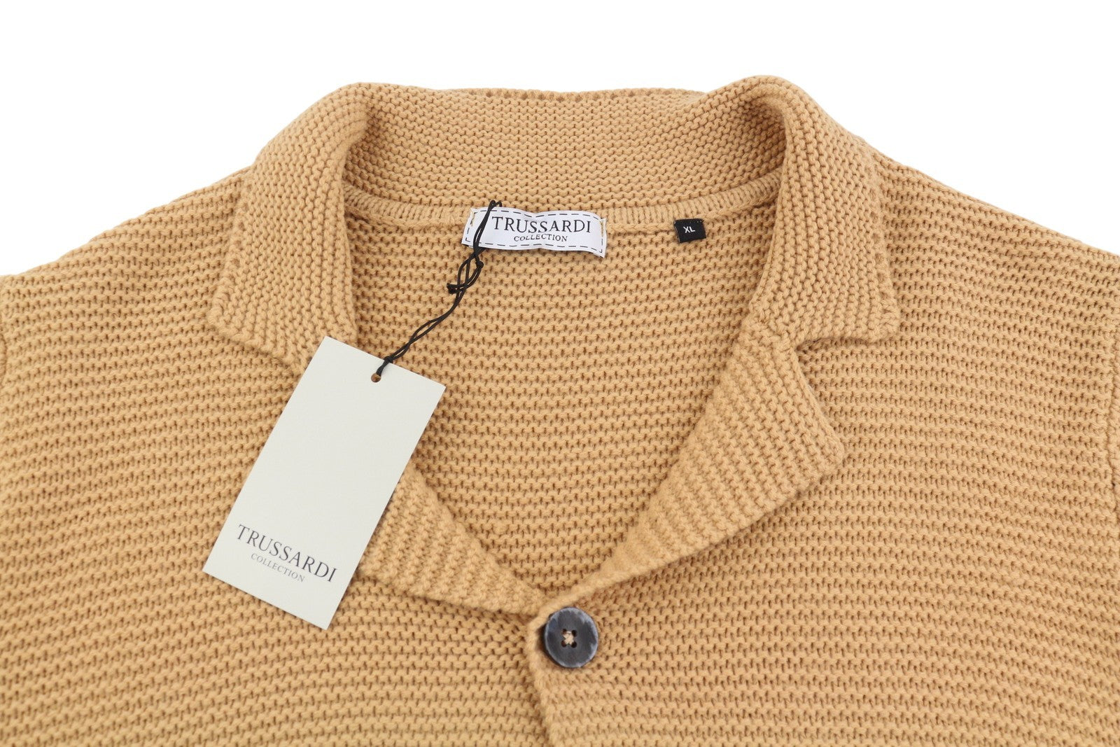 TRUSSARDI Cecina vyriškas kardiganas XL dydžio, smėlio spalvos, vilnos mišinio, tvirtai megztas, su sagomis užsegamu kardiganu RRP320 