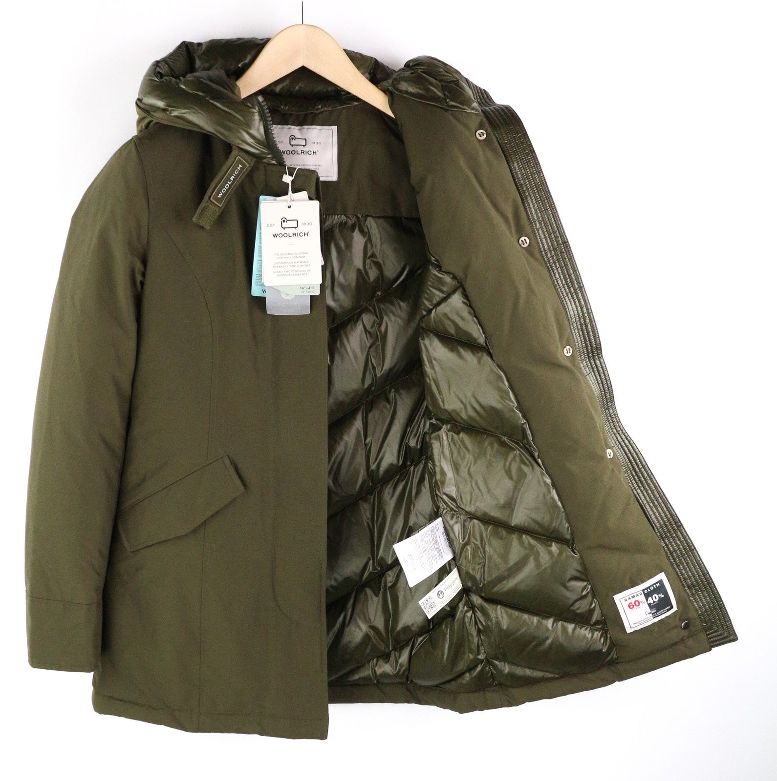 WOOLRICH Arctic Parka moteriškas XS dydžio pūkinis paltas su gobtuvu ir Ramar audiniu, RRP 799 