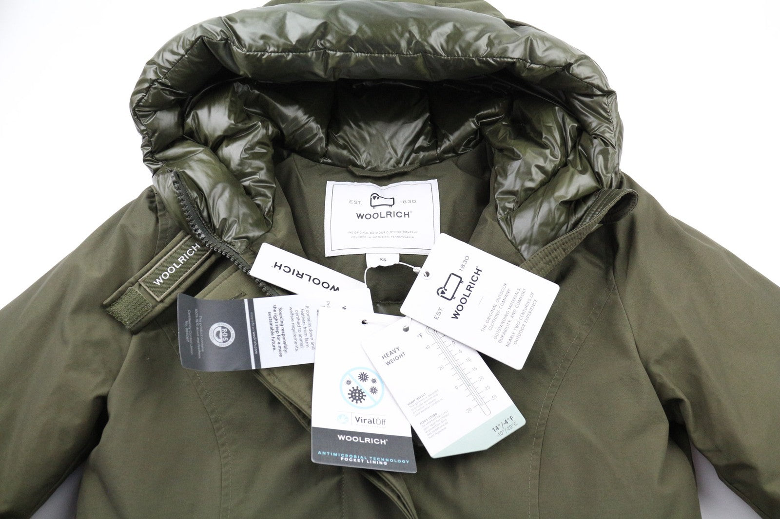 WOOLRICH Arctic Parka moteriškas XS dydžio pūkinis paltas su gobtuvu ir Ramar audiniu, RRP 799 