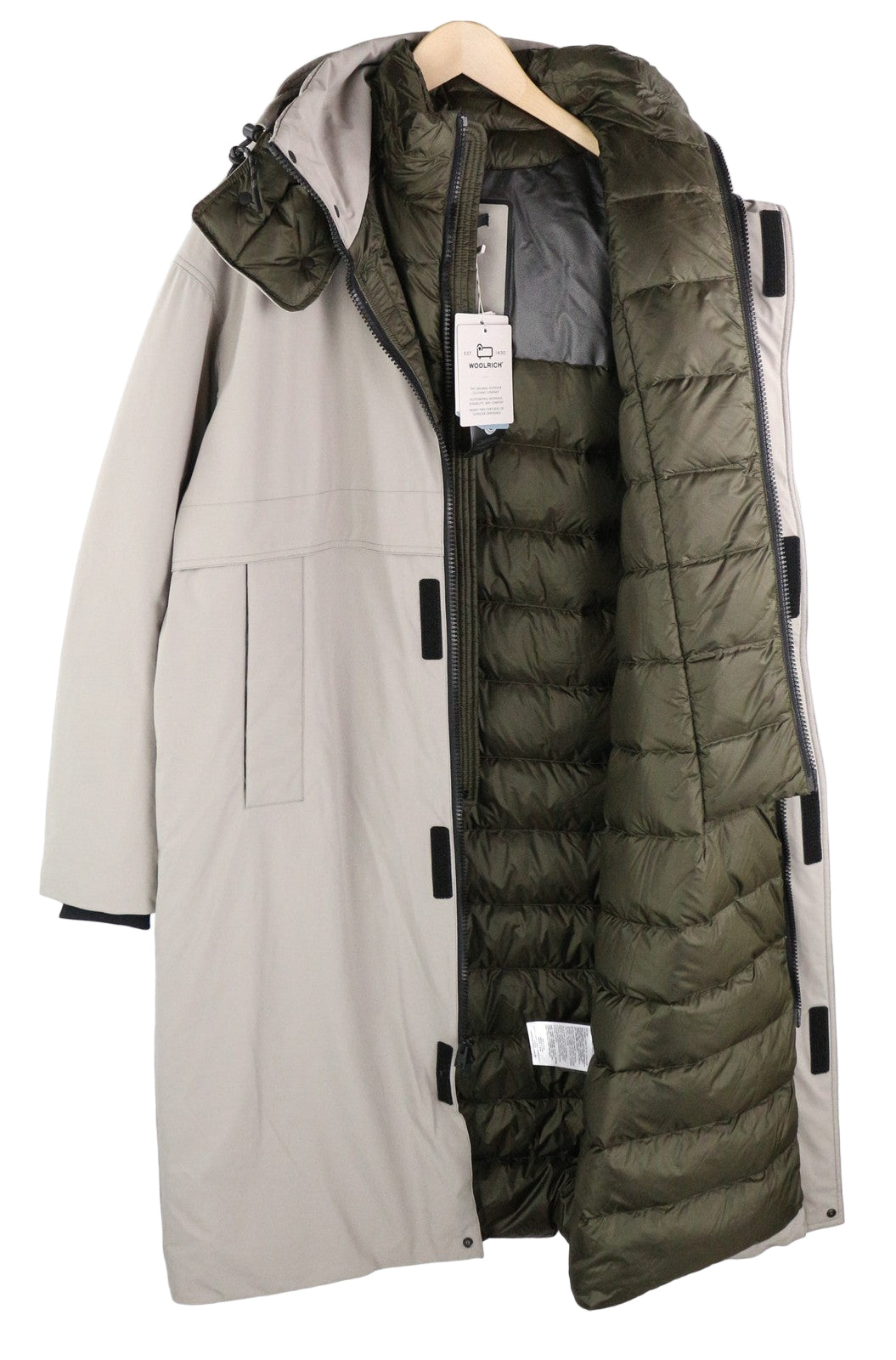 WOOLRICH vyriška L dydžio ypač ilga pūkinė striukė su gobtuvu, paminkštinta, tampria, aukšta apykakle, RRP999 