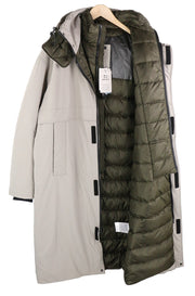 WOOLRICH vyriška L dydžio ypač ilga pūkinė striukė su gobtuvu, paminkštinta, tampria, aukšta apykakle, RRP999 