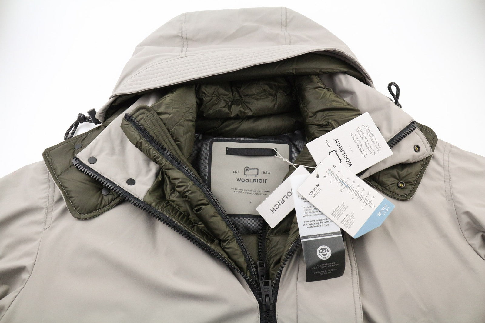 WOOLRICH vyriška L dydžio ypač ilga pūkinė striukė su gobtuvu, paminkštinta, tampria, aukšta apykakle, RRP999 