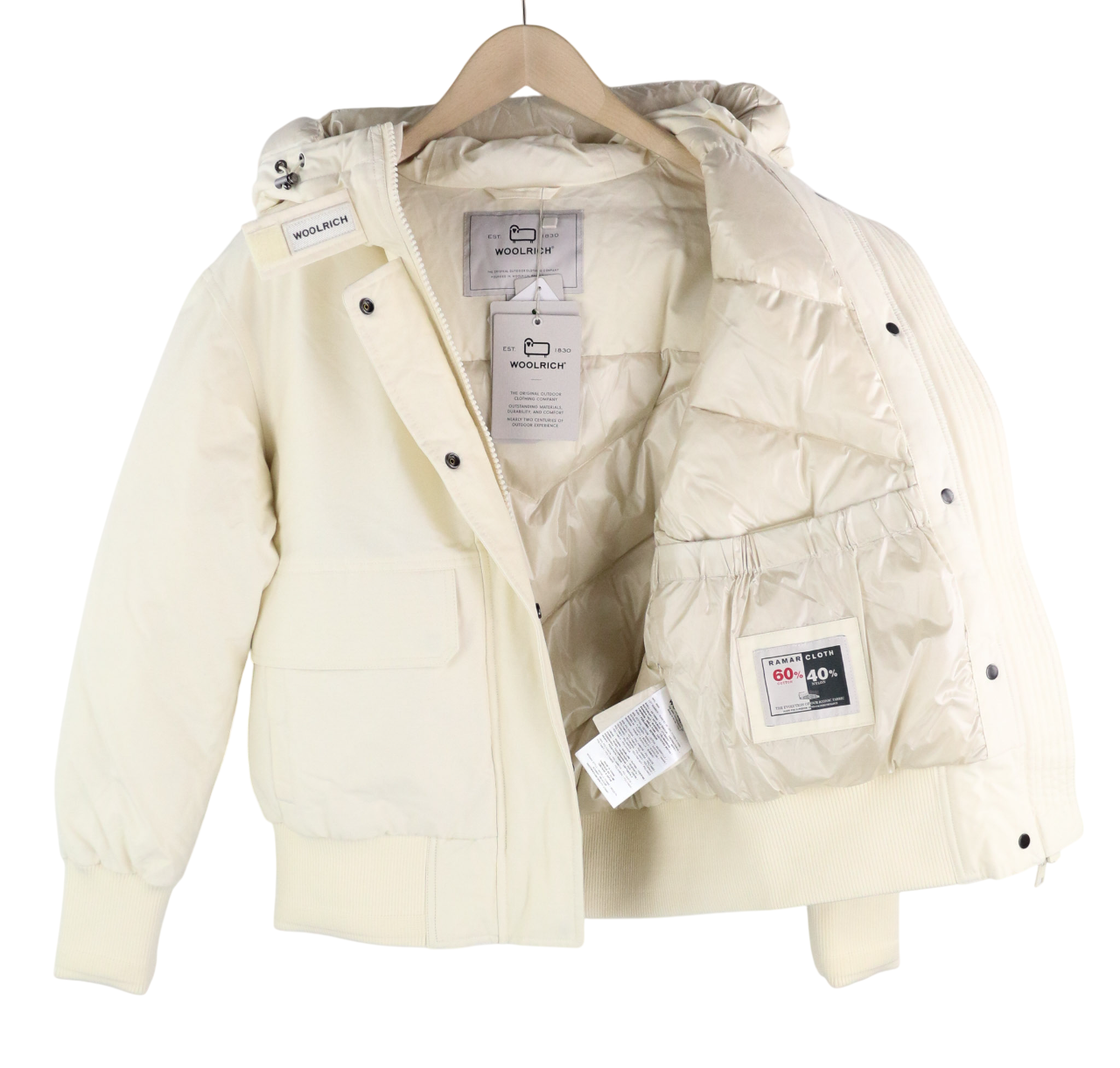 WOOLRICH Arctic Bomber moteriška pūkinė striukė su gobtuvu S dydžio Ramar audinio drobė RRP780 