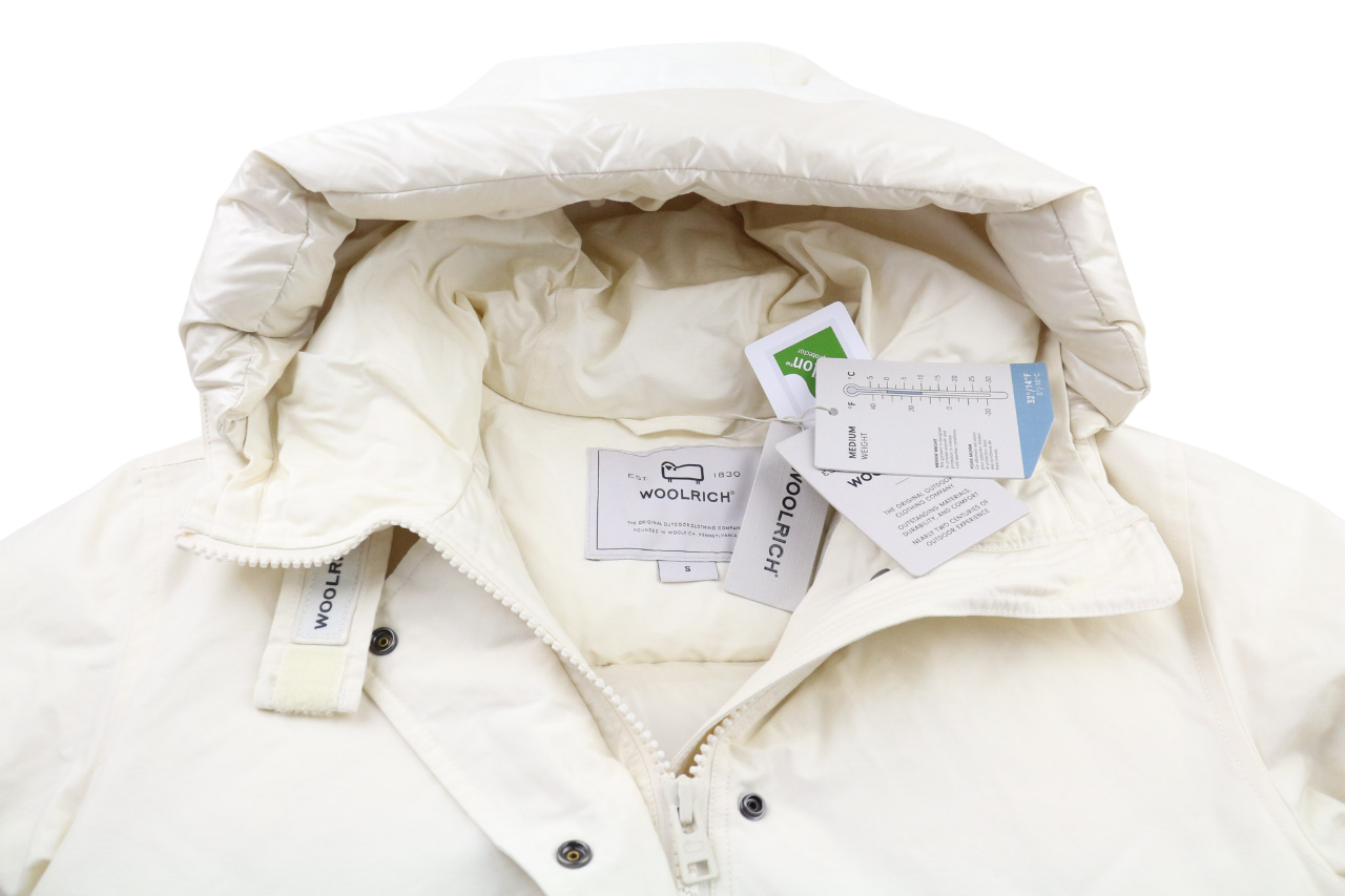 WOOLRICH Arctic Bomber moteriška pūkinė striukė su gobtuvu S dydžio Ramar audinio drobė RRP780 