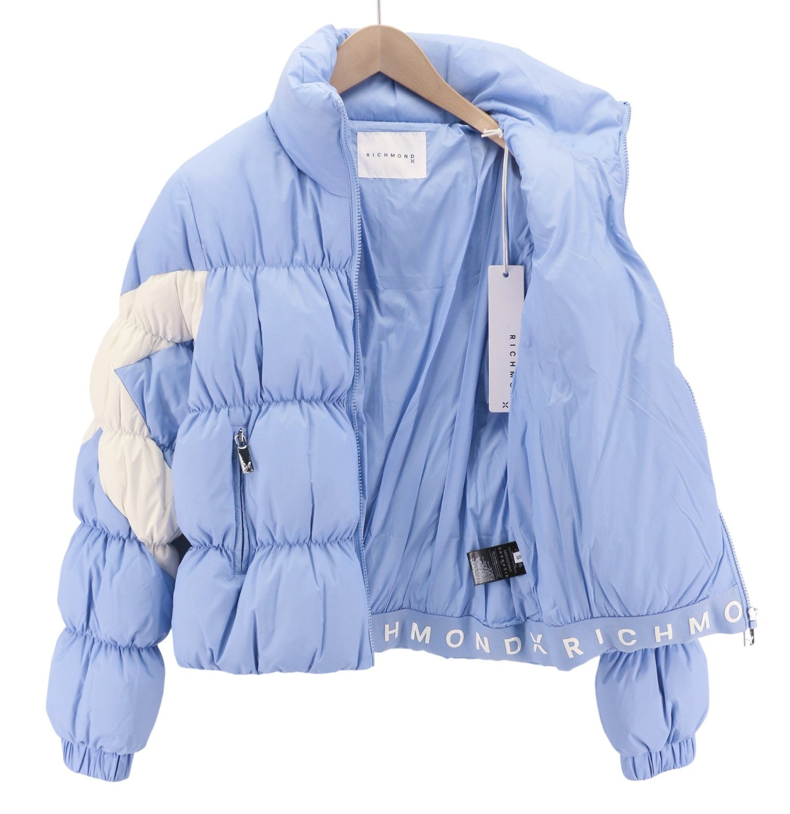 RICHMOND UWA23032PI moteriška dygsniuota pūsta striukė S, mėlyna, su paminkštintu užtrauktuku, aukšta apykakle 