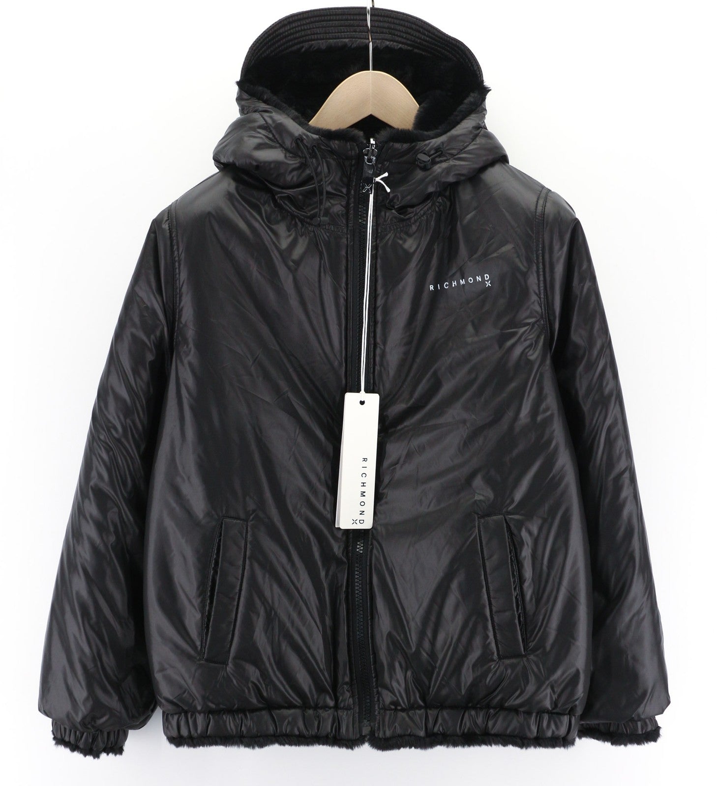 RICHMOND UWA23108PL moteriška juoda dvipusė striukė ~S su gobtuvu ir užtraukiamomis kišenėmis 