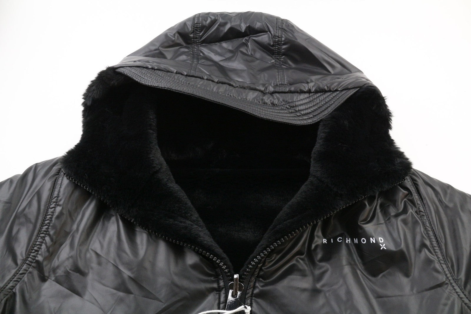 RICHMOND UWA23108PL moteriška juoda dvipusė striukė ~S su gobtuvu ir užtraukiamomis kišenėmis 