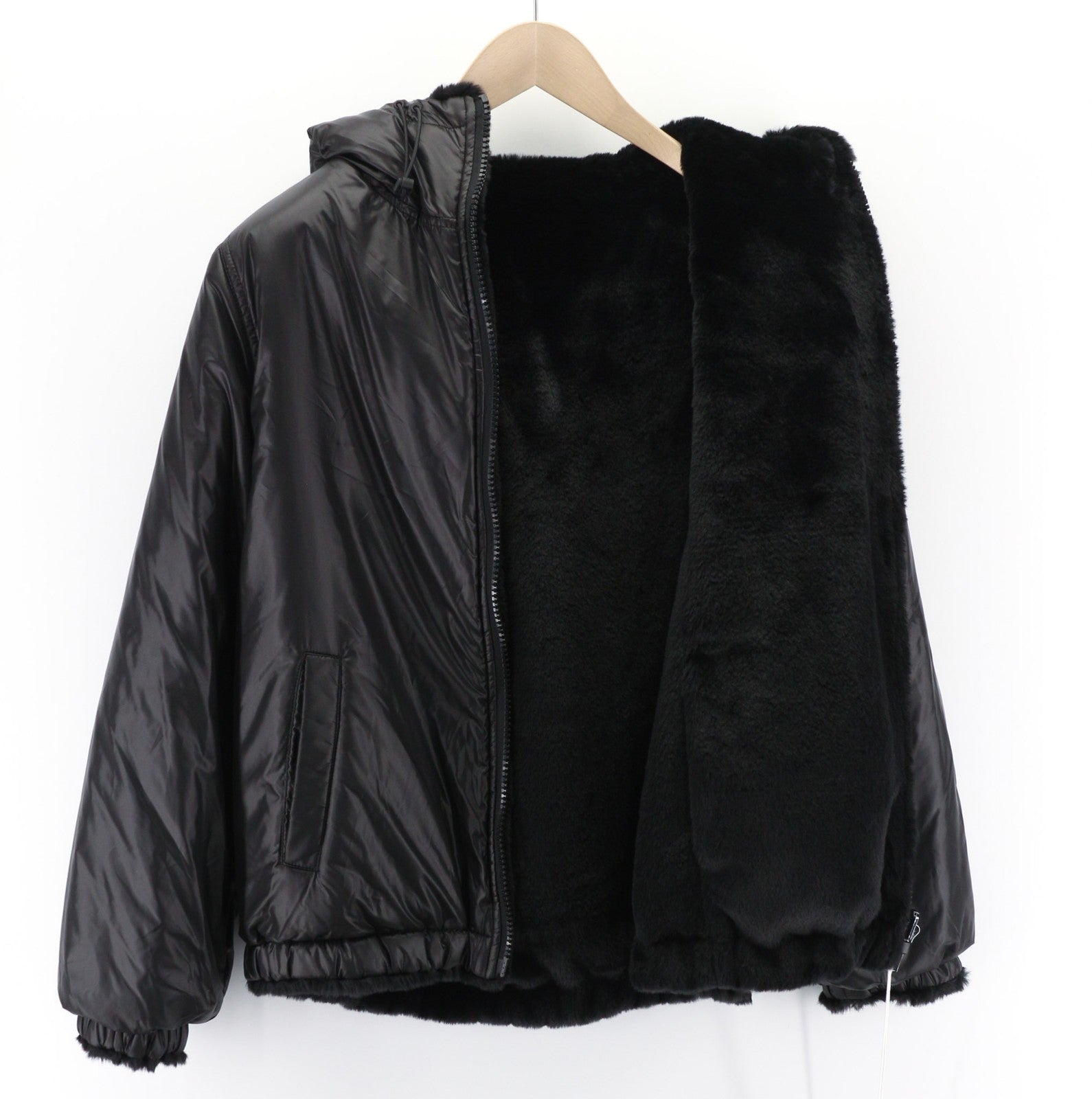 RICHMOND UWA23108PL moteriška juoda dvipusė striukė ~S su gobtuvu ir užtraukiamomis kišenėmis 