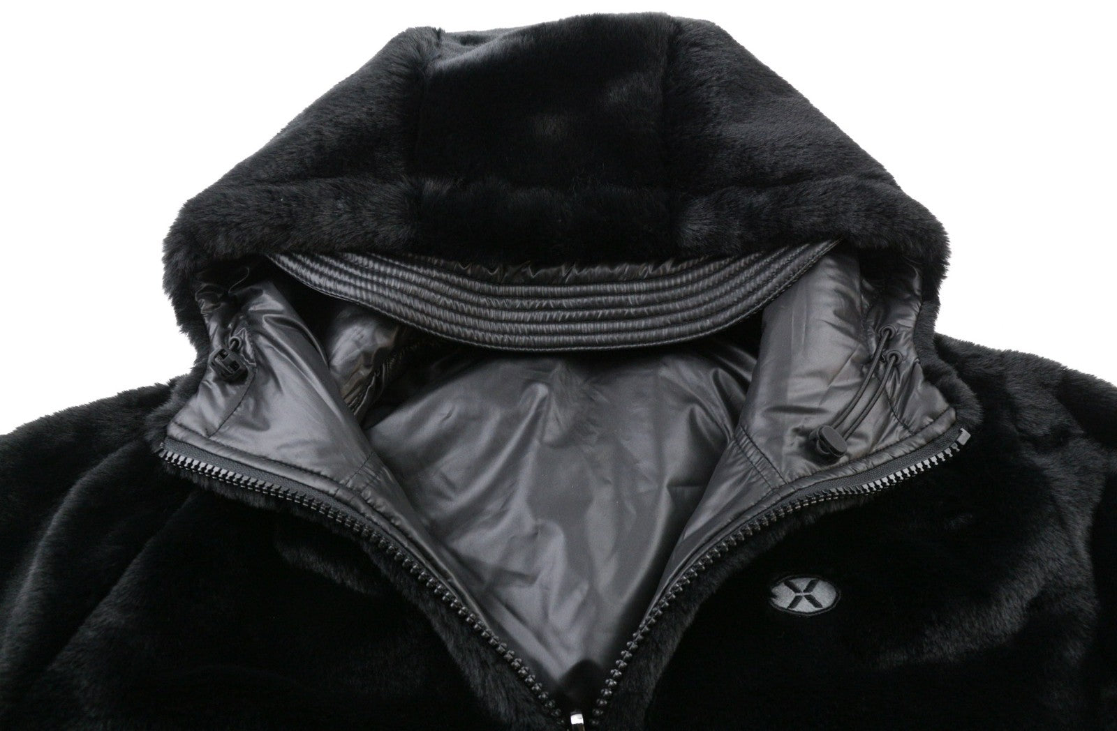 RICHMOND UWA23108PL moteriška juoda dvipusė striukė ~S su gobtuvu ir užtraukiamomis kišenėmis 