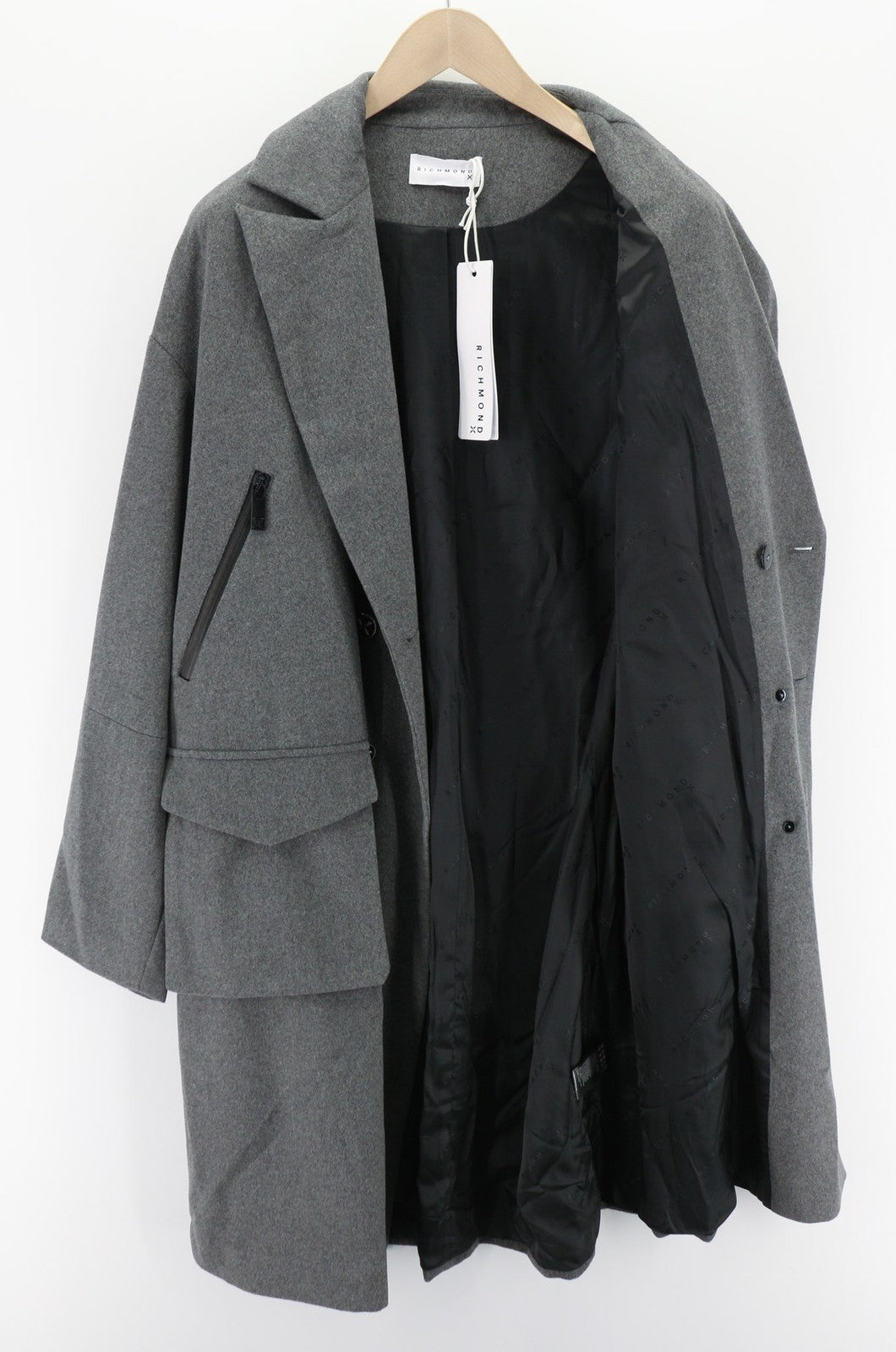 RICHMOND UMA23183CP vyriškas vilnos mišinio paltas M, pilkas, su išpjova atvartu, dviguba eilė 