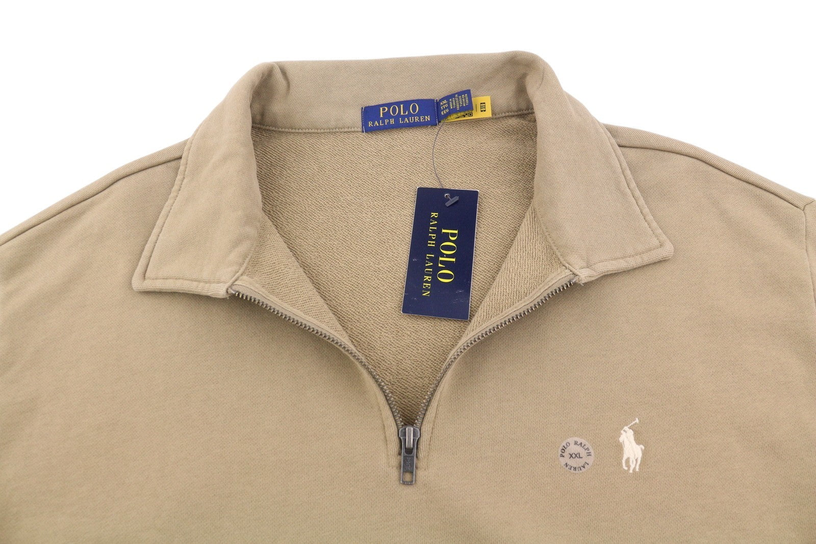 RALPH LAUREN Classics vyriški chaki spalvos megztiniai, 2XL dydžio, polo marškinėliai su puse užtrauktuko, RRP199 