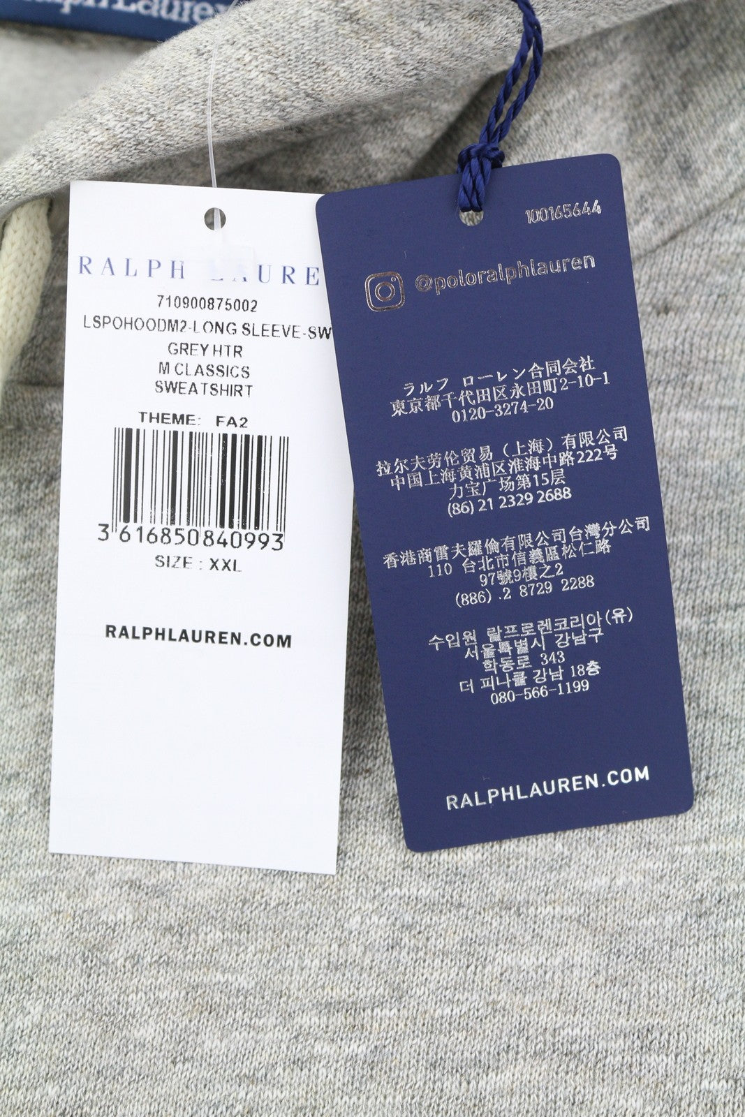 RALPH LAUREN vyriškas džemperis su gobtuvu (2XL), pilkas melanžas, kengūros kišenė, megztinis su logotipu, RRP299 