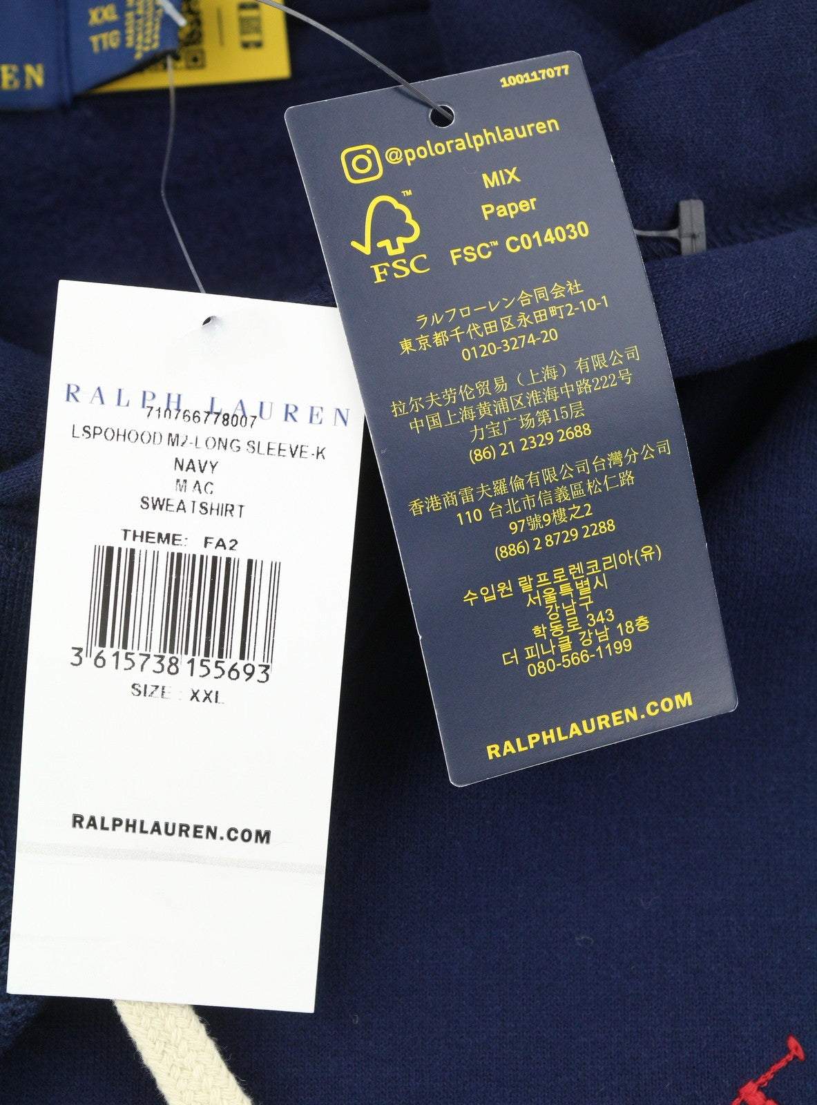 RALPH LAUREN vyriškas džemperis su gobtuvu (2XL), tamsiai mėlynas, su kengūros kišene ir gobtuvu (RRP199) 