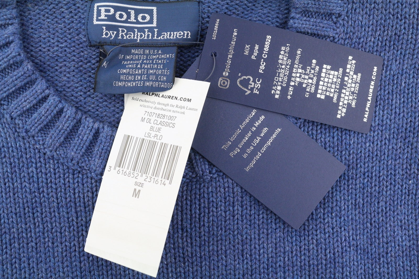 RALPH LAUREN Classics mėlynas vyriškas megztinis M mėlynas medvilninis megztinis su JAV vėliava RRP499 