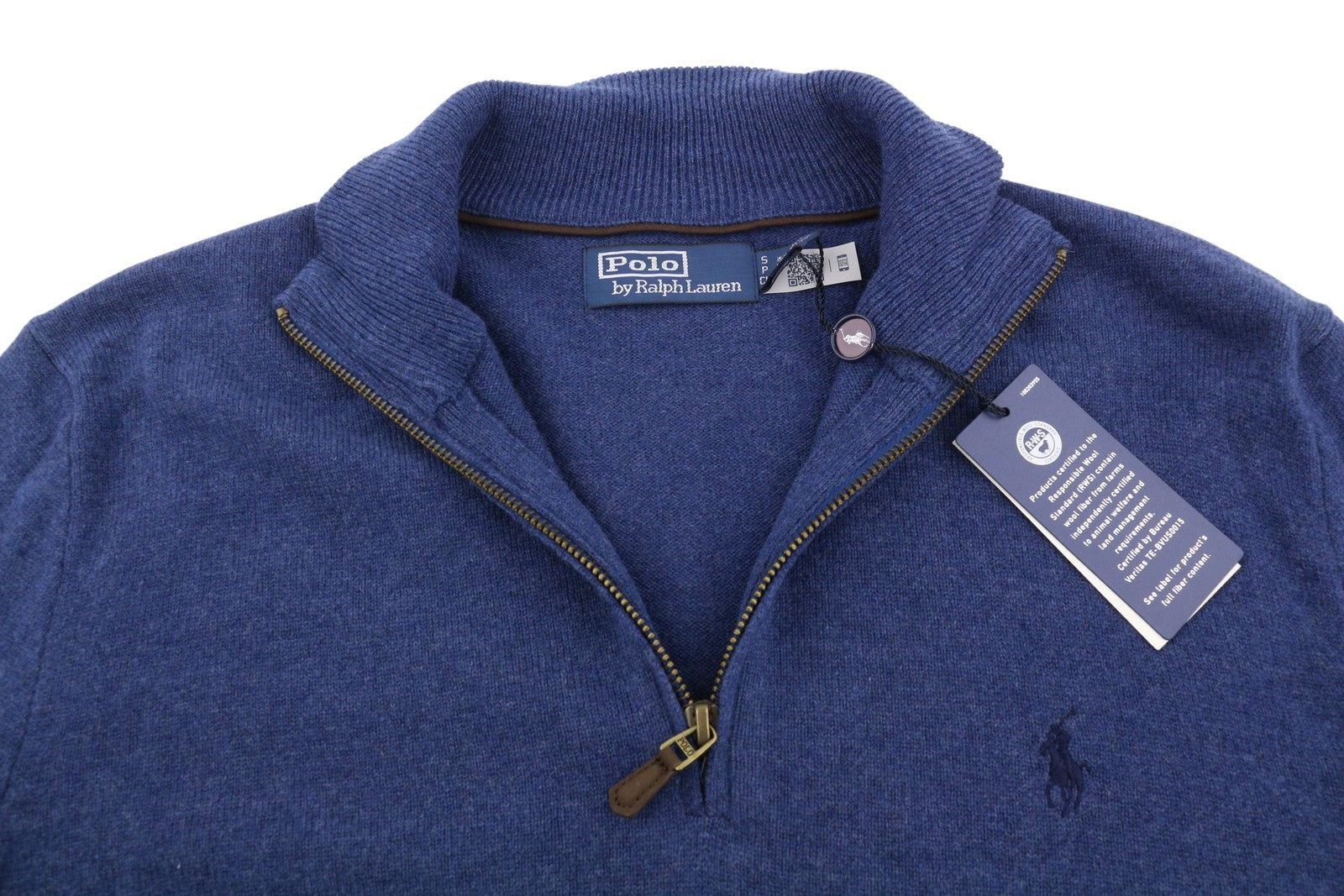 RALPH LAUREN Classics Navy vyriškas megztinis S Mėlynas vilnonis, aptemptas megztinis su puse užtrauktuko RRP229 