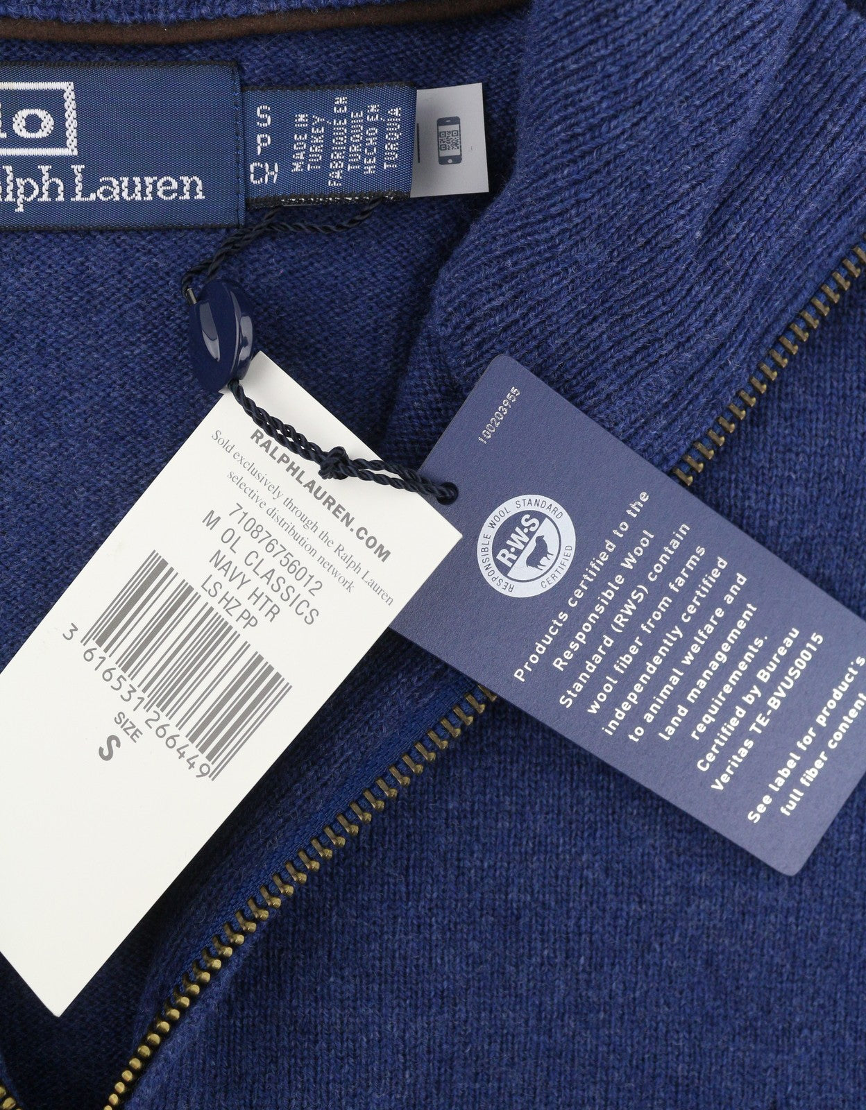 RALPH LAUREN Classics Navy vyriškas megztinis S Mėlynas vilnonis, aptemptas megztinis su puse užtrauktuko RRP229 
