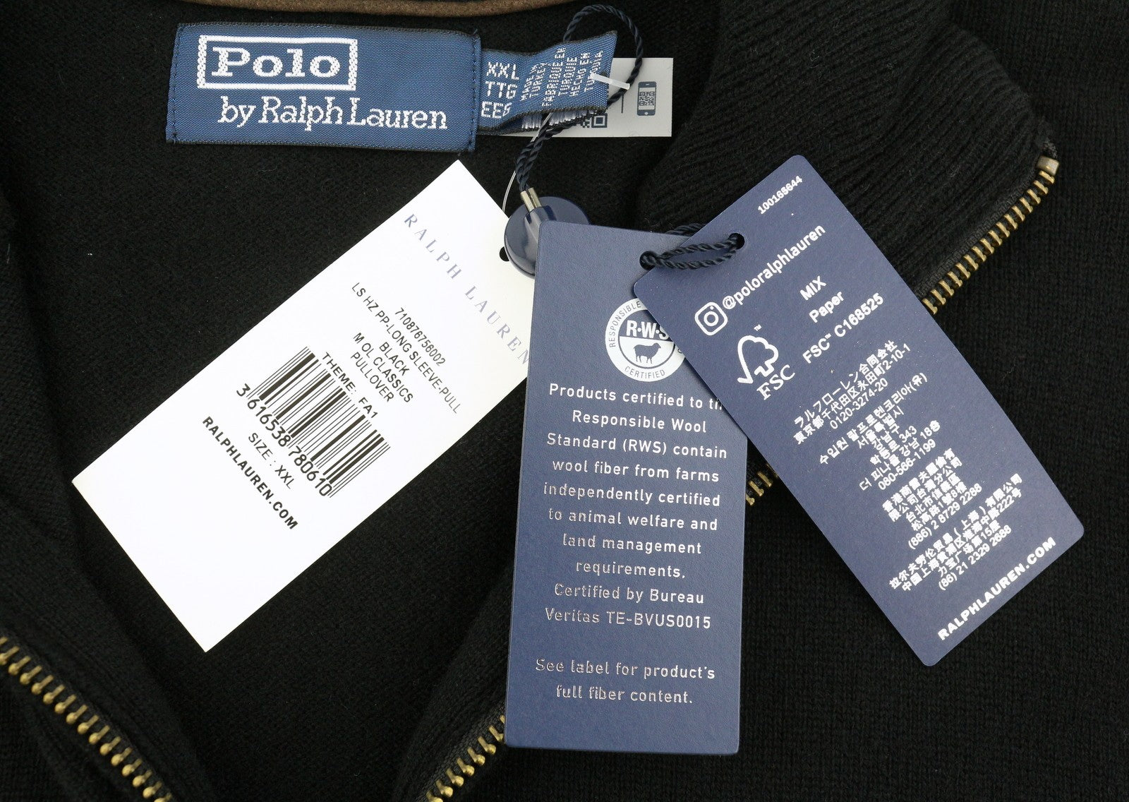 RALPH LAUREN klasikinis vyriškas megztinis, 2XL, juodas, su užtrauktuku apykaklėje, vilnonis, RRP239 
