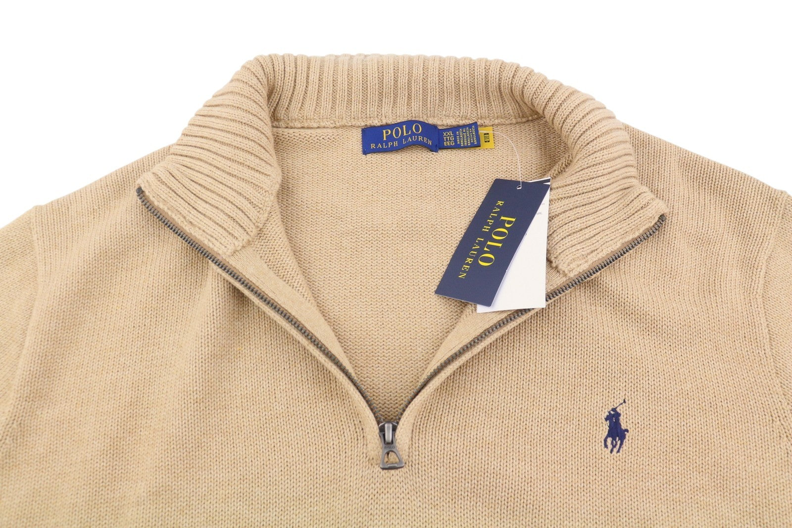 RALPH LAUREN klasikinis megztinis vyrams, 2XL, rudas melanžas, su puse užtrauktuko iškirpte, RRP239 