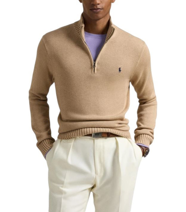 RALPH LAUREN klasikinis megztinis vyrams S rudas melanžas su puse užtrauktuko apykakle RRP239 