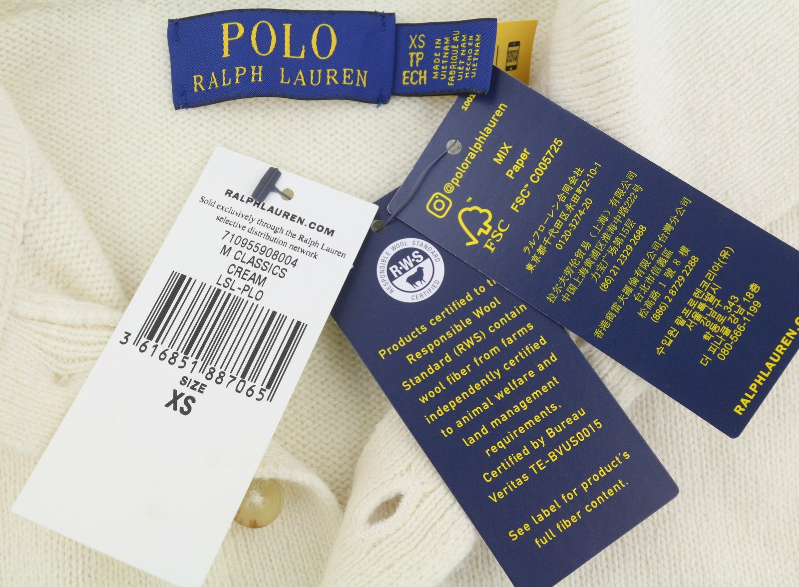 RALPH LAUREN Classics kreminės spalvos vyriškas megztinis XS dydžio, vilnos mišinio polo apykaklės megztinis RRP220 