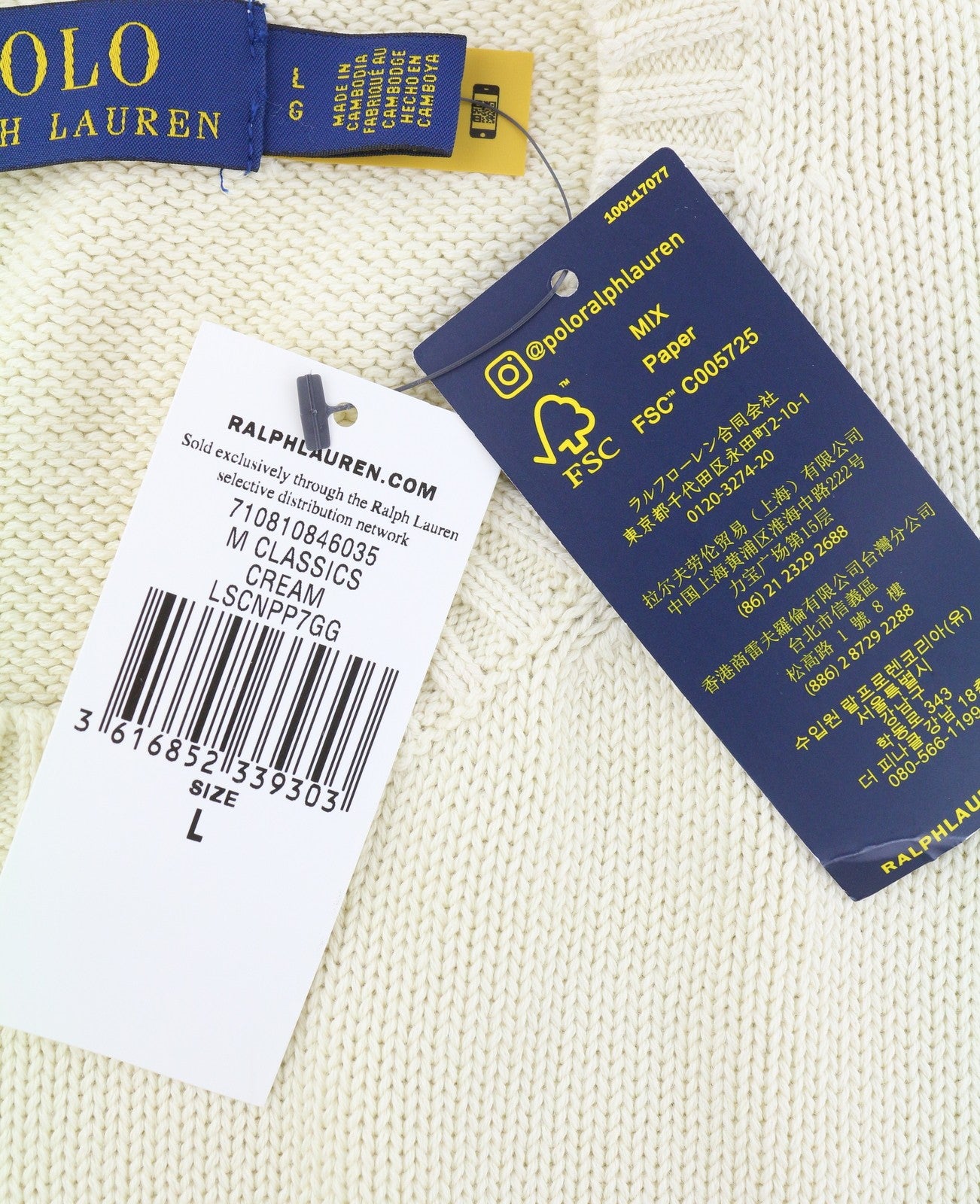 RALPH LAUREN klasikinis kreminės spalvos vyriškas megztinis L dydžio, apvalios kaklo iškirptės pavidalu, RRP199 