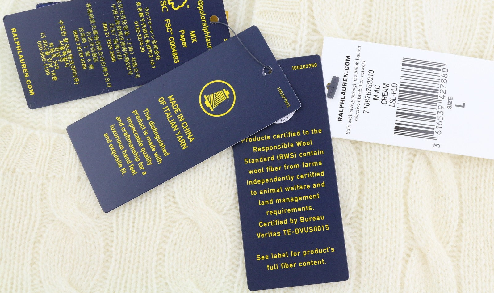 RALPH LAUREN vyriškas megztinis L kreminės spalvos vilnos kašmyro kabelio mezgimo megztinis su logotipu RP225 