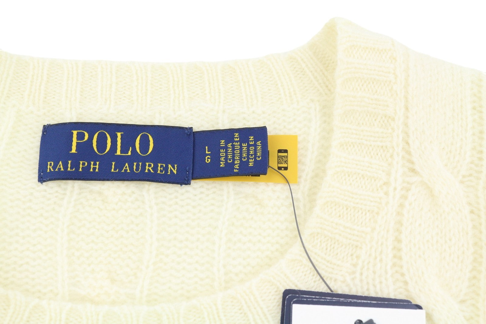 RALPH LAUREN vyriškas megztinis L kreminės spalvos vilnos kašmyro kabelio mezgimo megztinis su logotipu RP225 
