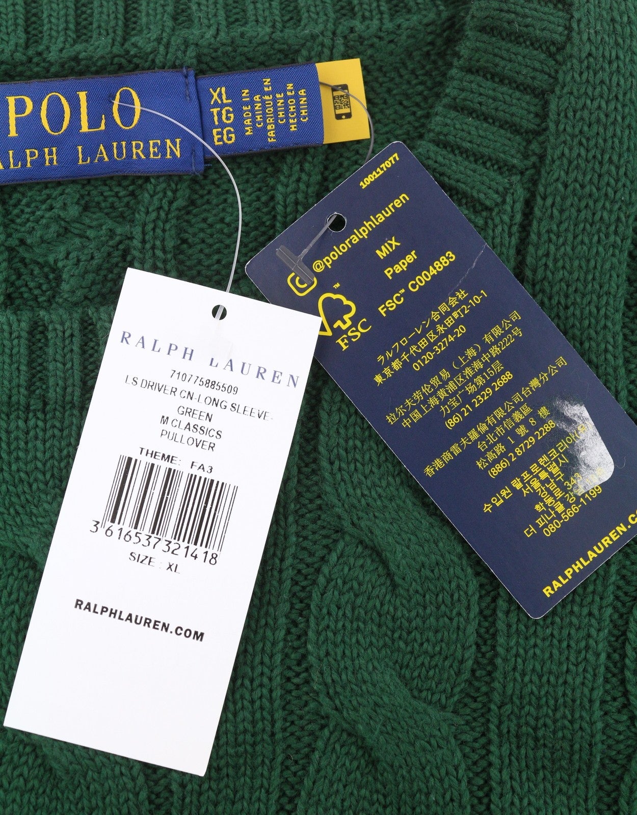 RALPH LAUREN Driver Cn ilgomis rankovėmis žalias vyriškas megztinis XL dydžio megztinis su kabeliu RRP214 