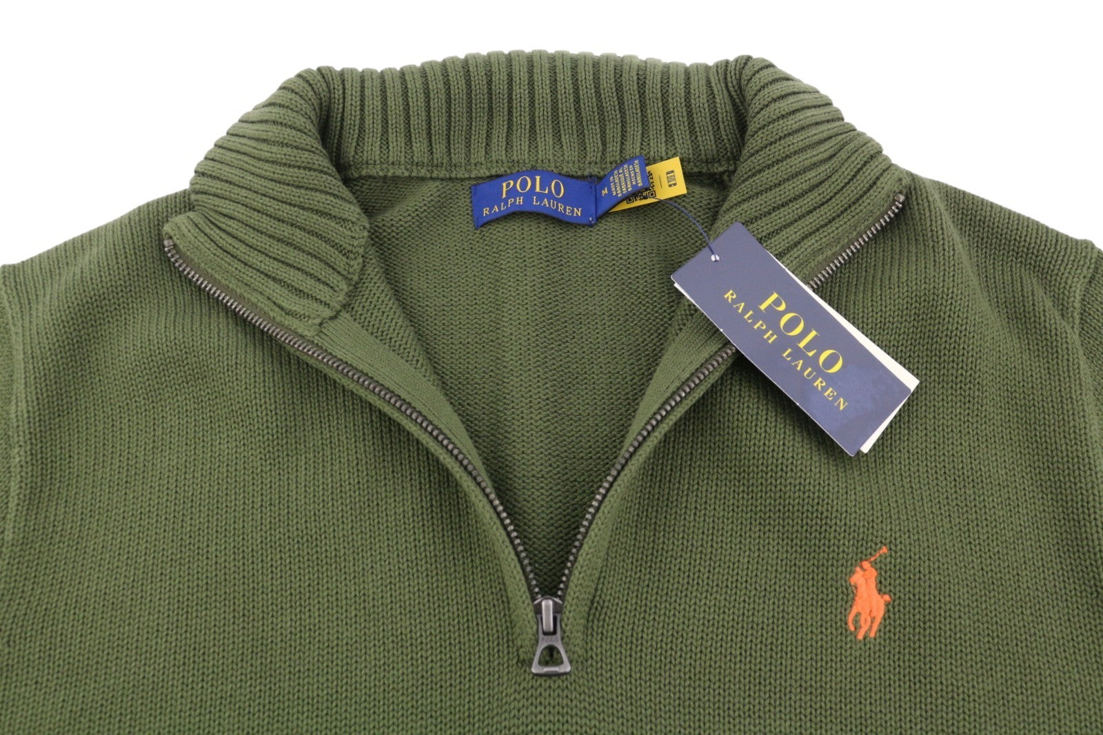 RALPH LAUREN Classics New Olive vyriškas megztinis M su puse užtrauktuko kaklu, aptemptas megztinis 