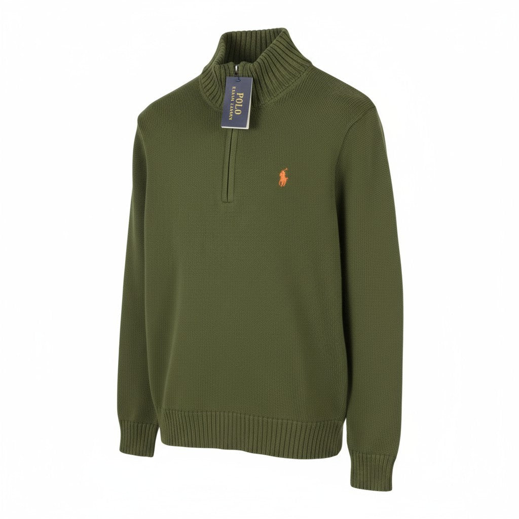RALPH LAUREN Classics New Olive vyriškas megztinis S su puse užtrauktuko kaklu, tamprus megztinis 
